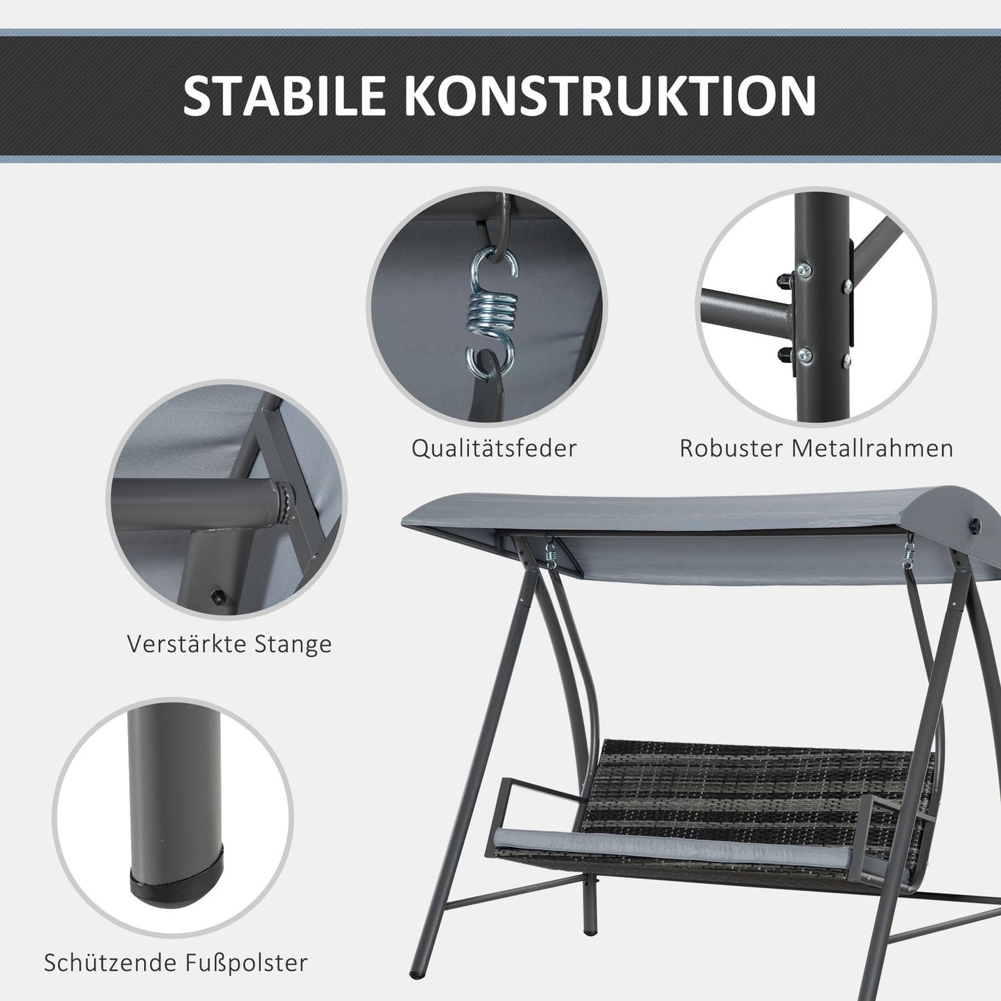 3-seat gray polyrattan garden swing with canopy