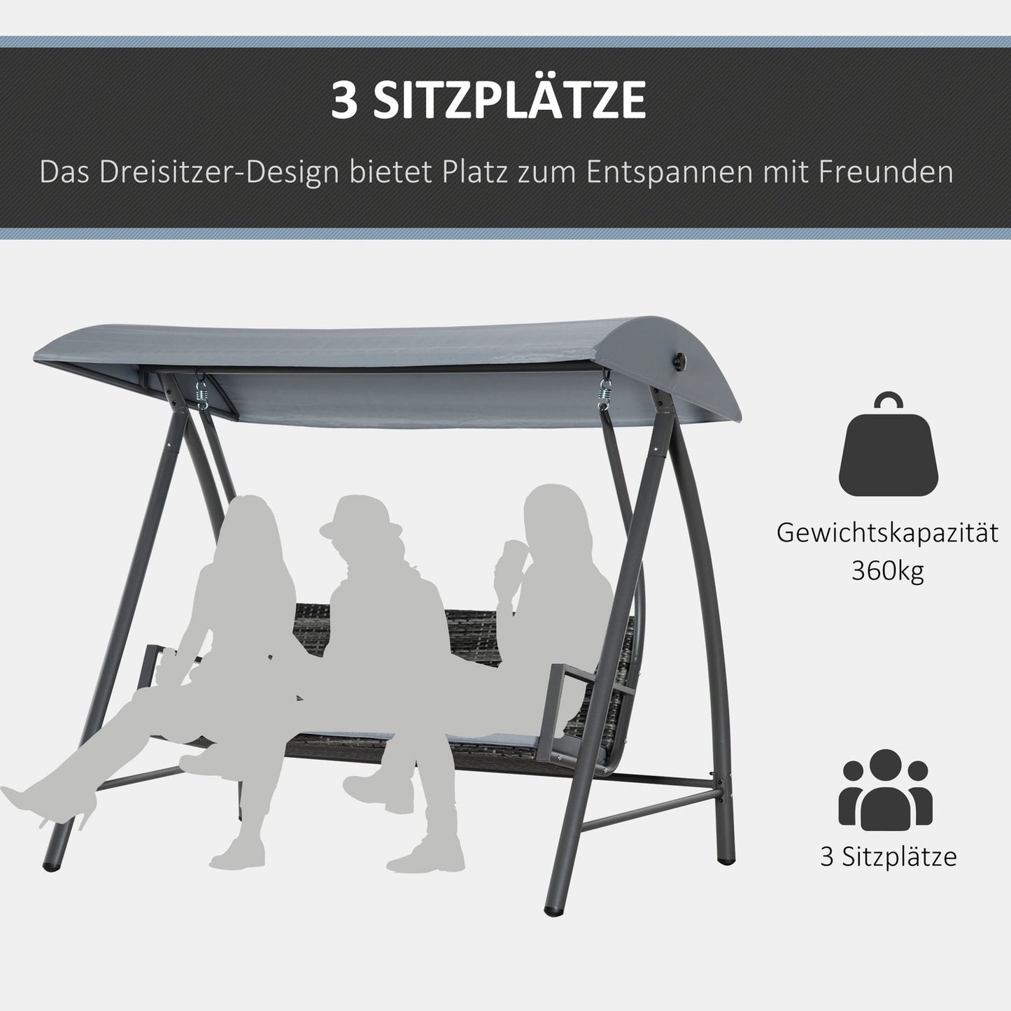 3-seat gray polyrattan garden swing with canopy