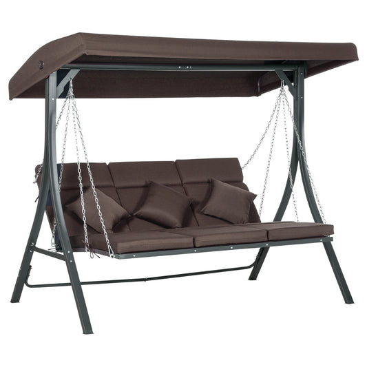 3-seat rocking bench in metal with cushion and adjustable canopy