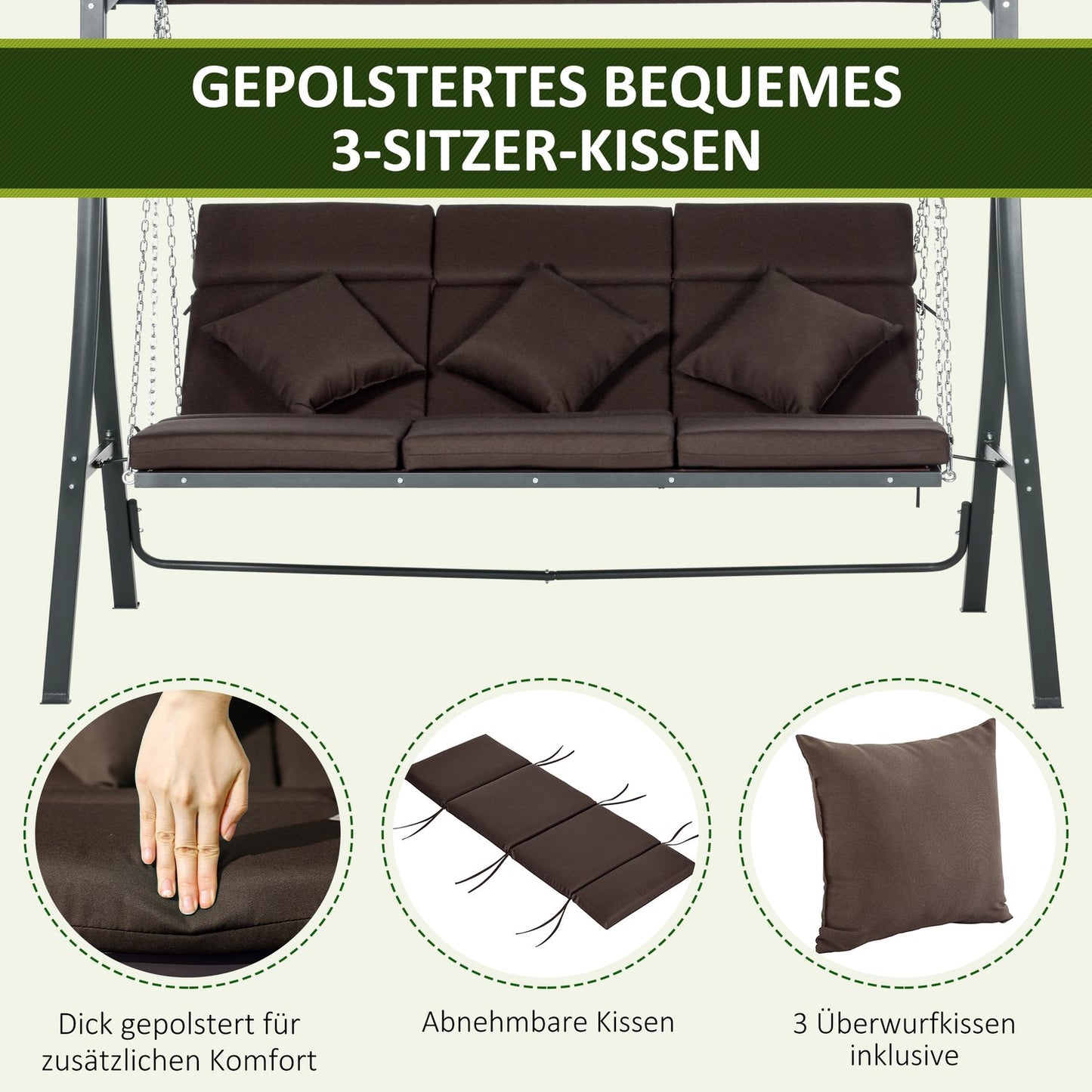 3-seat rocking bench in metal with cushion and adjustable canopy