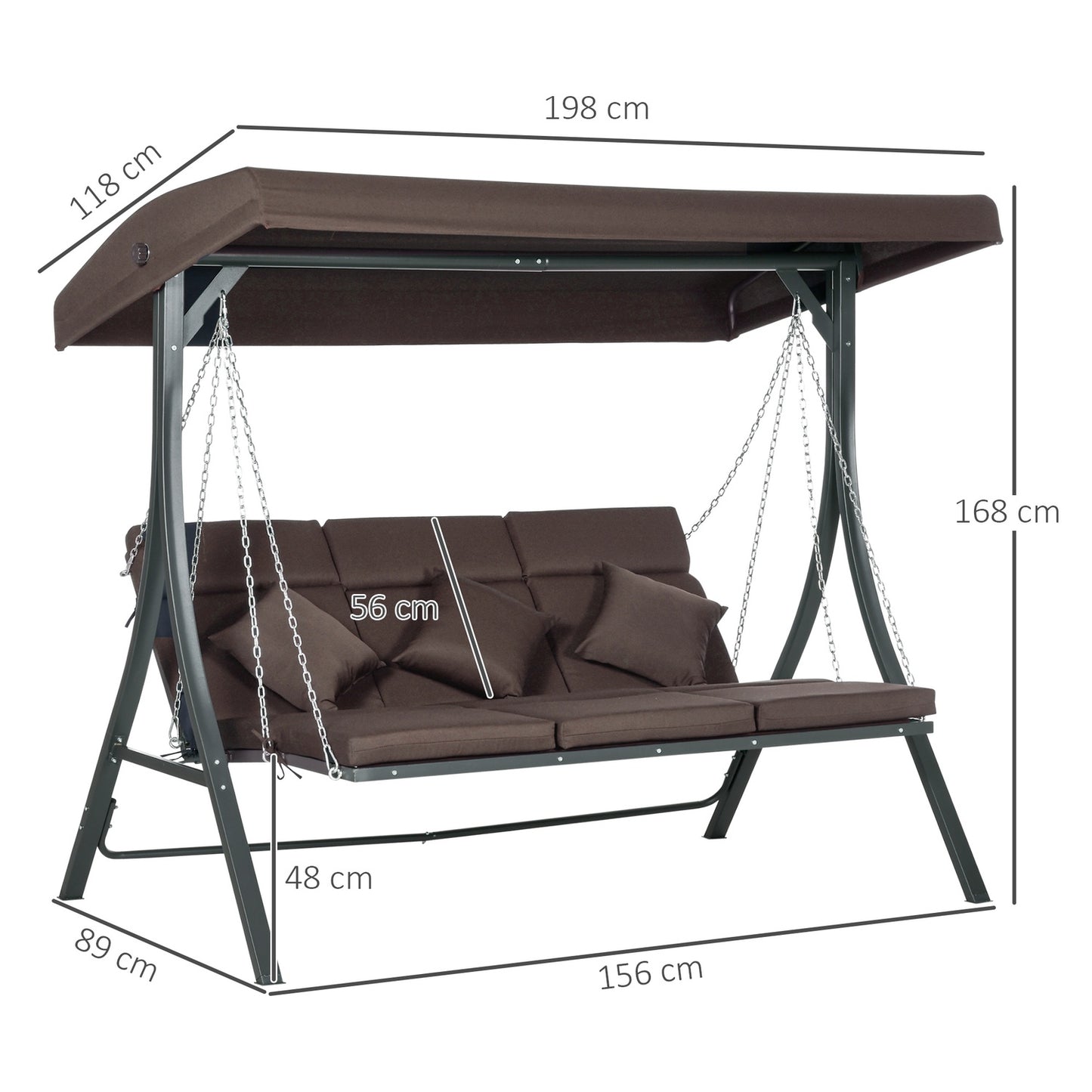 3-seat rocking bench in metal with cushion and adjustable canopy