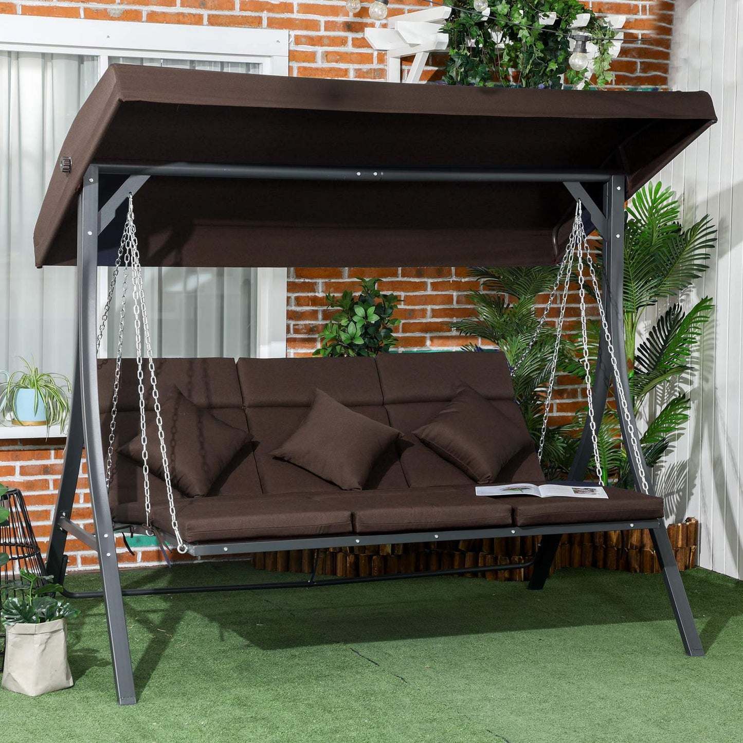 3-seat rocking bench in metal with cushion and adjustable canopy