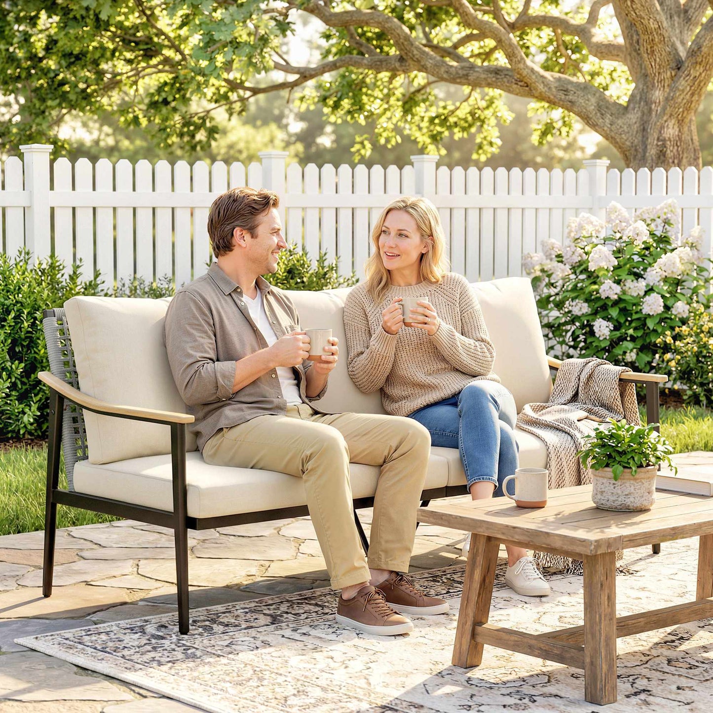 3-Seater Rattan Outdoor Sofa with Cushions, Steel Frame