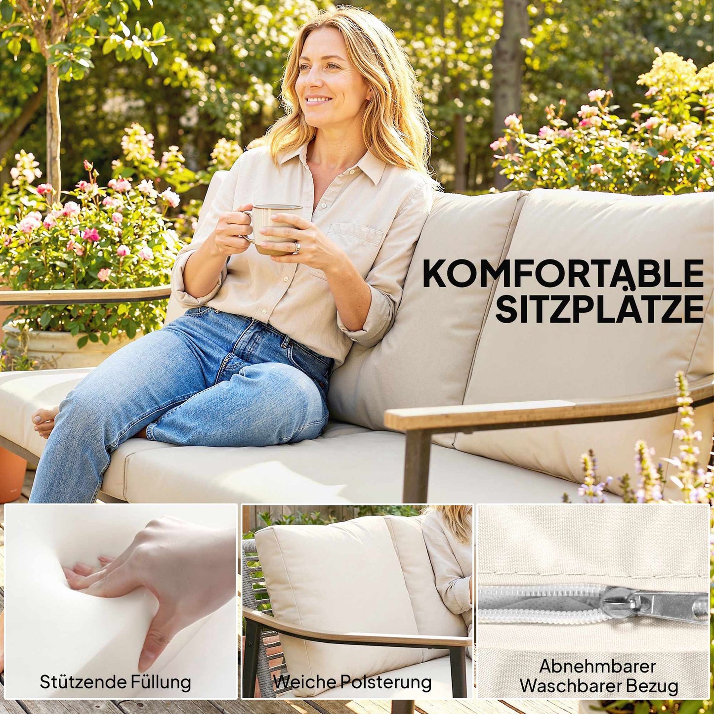 3-Seater Rattan Outdoor Sofa with Cushions, Steel Frame