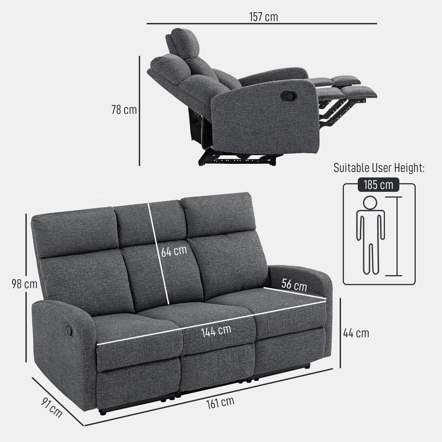 3-Seater Recliner Sofa, Adjustable Backrests, Grey Fabric