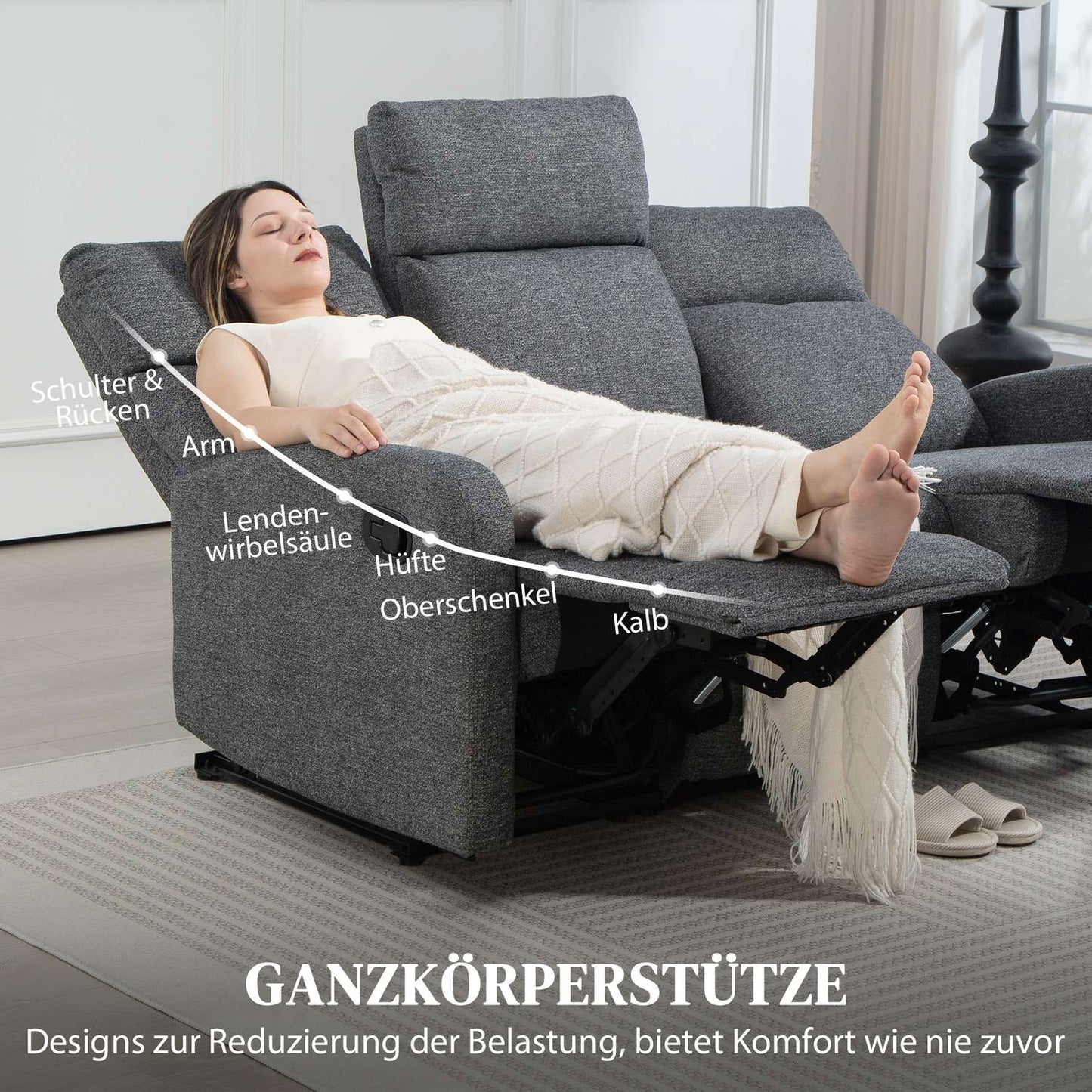 3-Seater Recliner Sofa, Adjustable Backrests, Grey Fabric