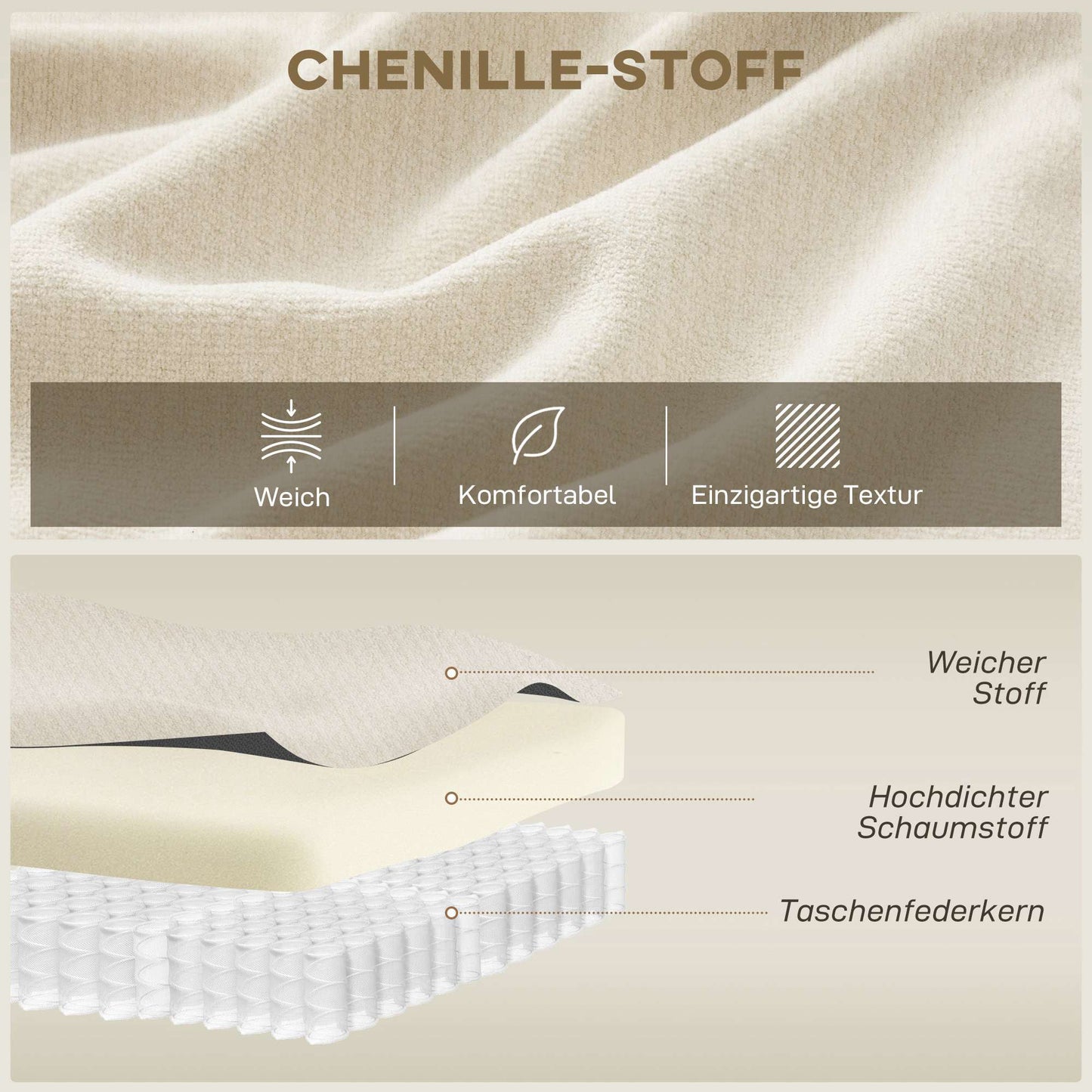 3-Seater Sofa, 203 cm, Chenille Fabric, Cream White