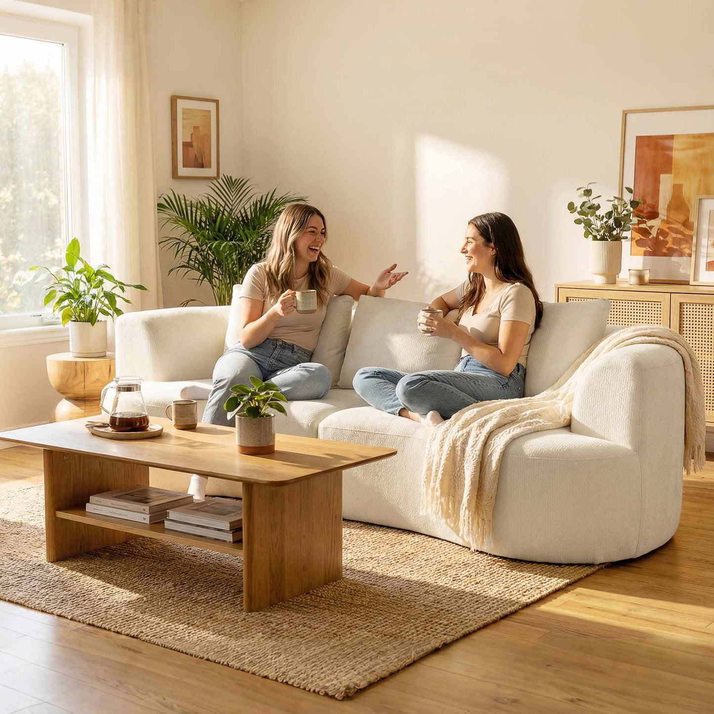 3-Seater Sofa, 203 cm, Chenille Fabric, Cream White