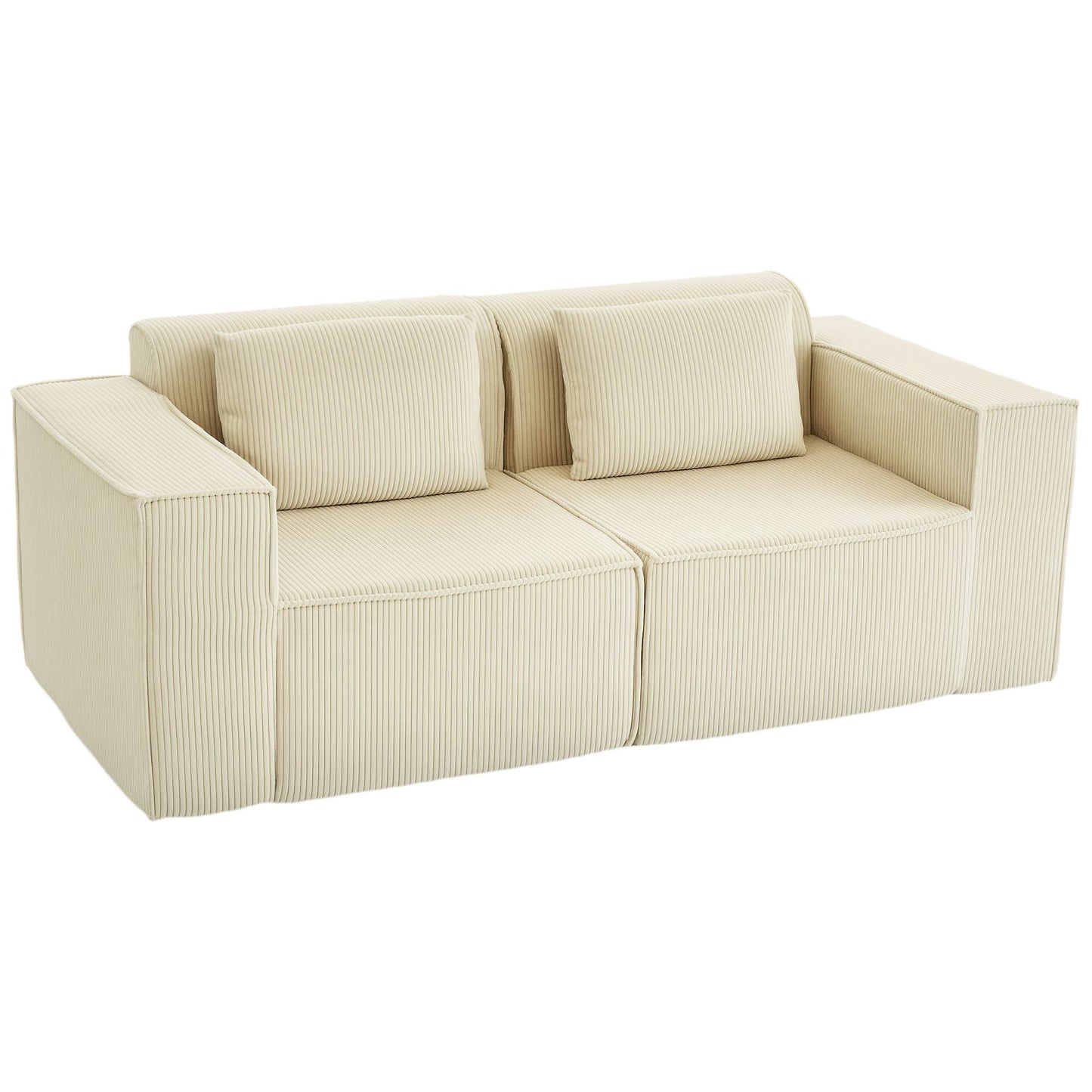 3-Seater Sofa, Cord Fabric, Wide Armrests, 2 Cushions, Beige
