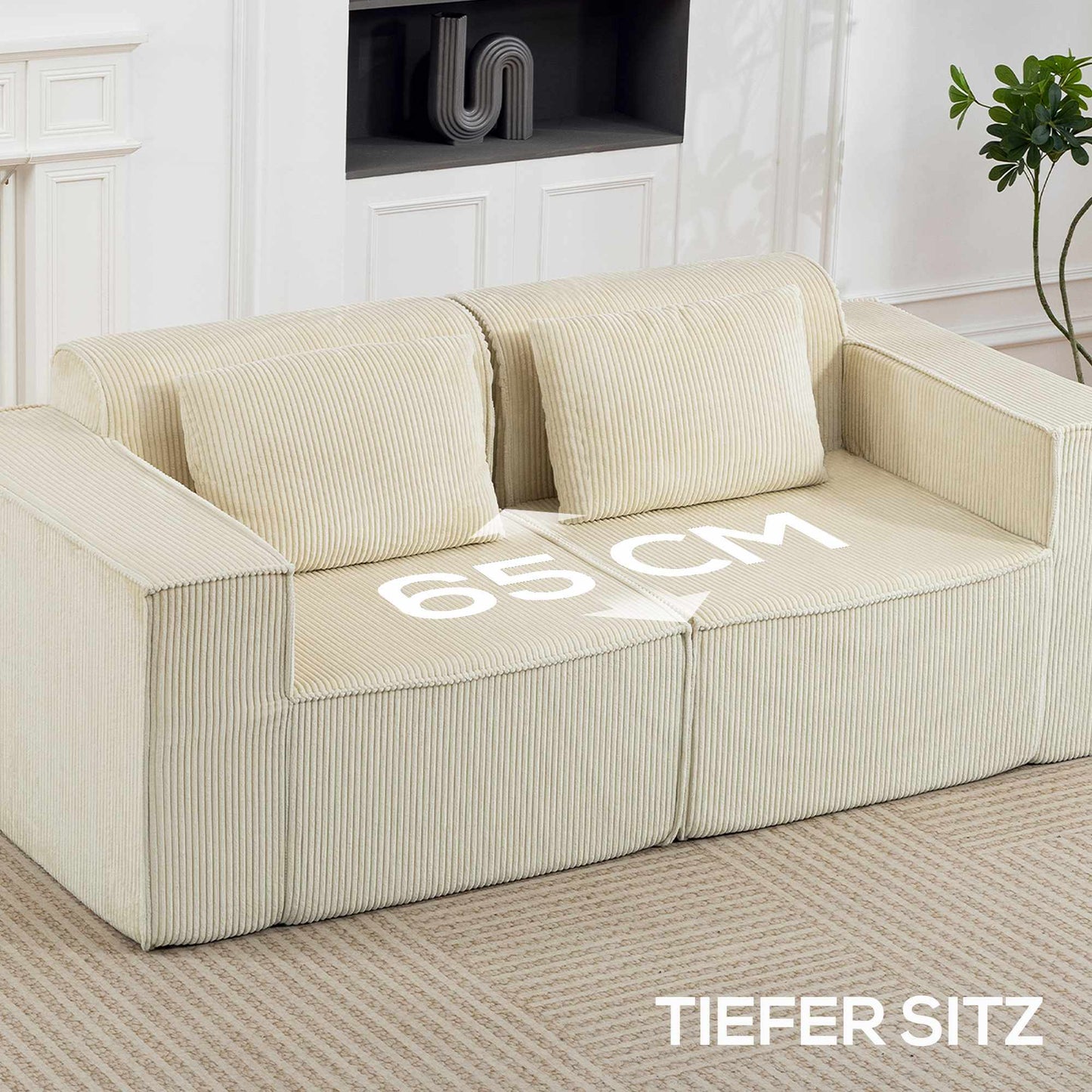 3-Seater Sofa, Cord Fabric, Wide Armrests, 2 Cushions, Beige