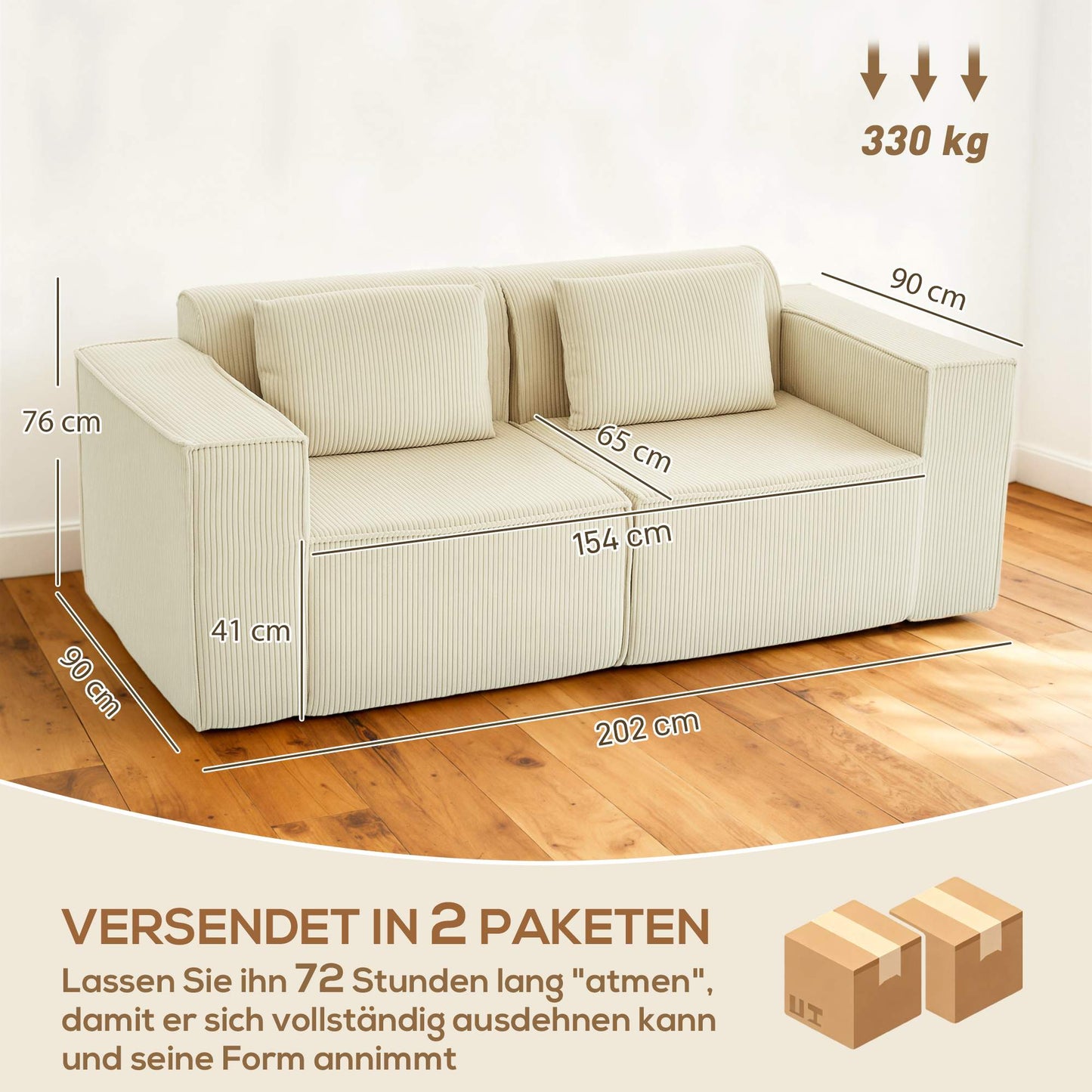 3-Seater Sofa, Cord Fabric, Wide Armrests, 2 Cushions, Beige