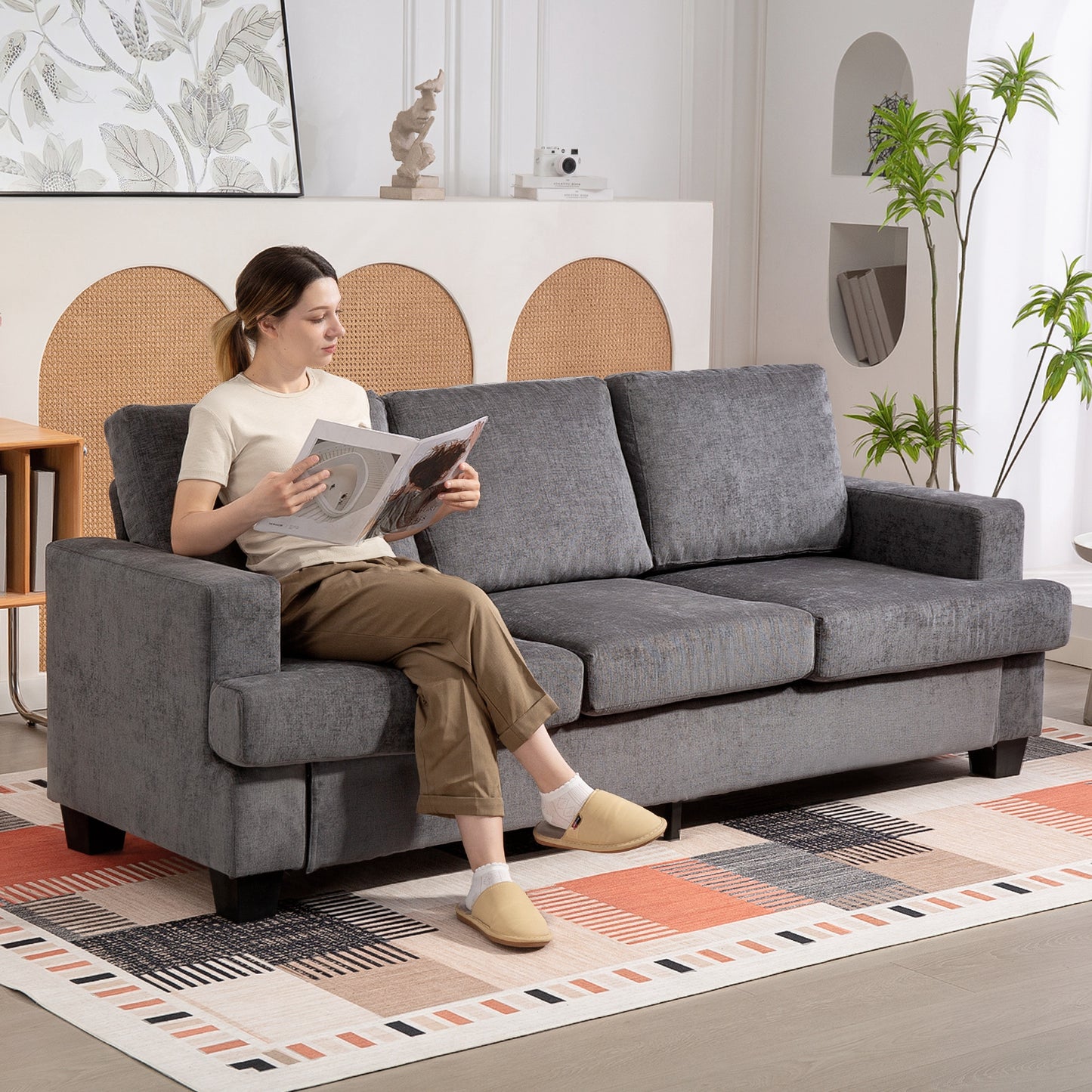 3-Seater Sofa, Grey Fabric Upholstery, Steel Frame