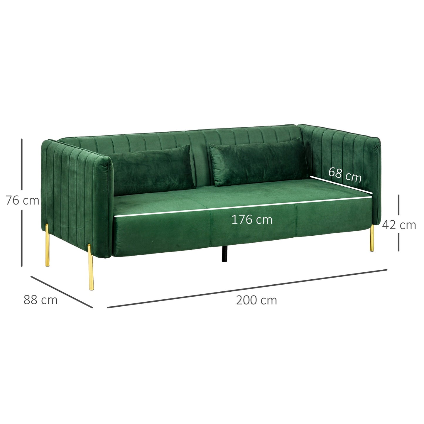 Green 3-seat sofa in velvet look with armrests, 200 Cm