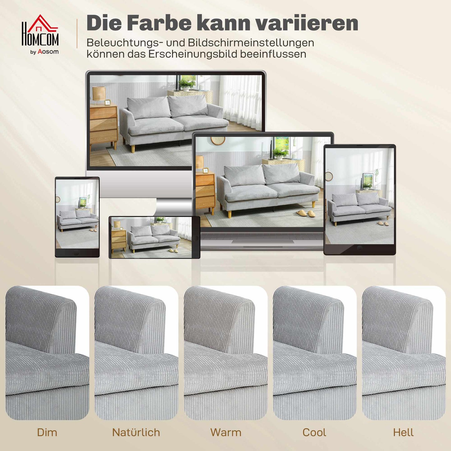 3-Seater Sofa, High-Density Foam, Cord Fabric, 188 cm