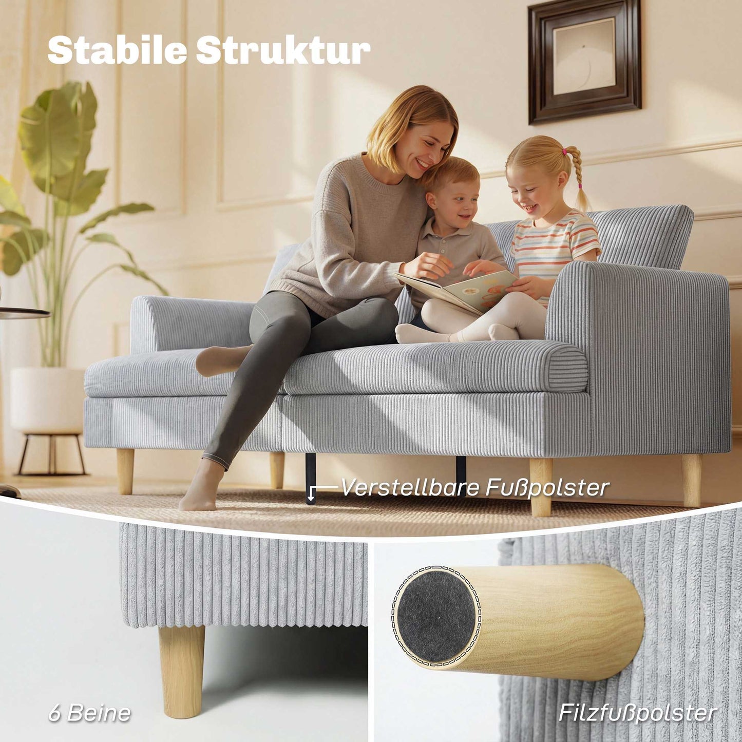 3-Seater Sofa, High-Density Foam, Cord Fabric, 188 cm