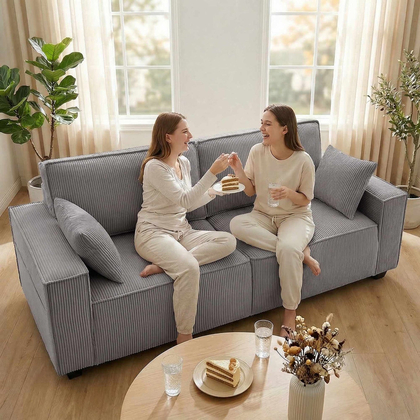 3-Seater Sofa, Light Grey Corduroy, Pocket Spring Cushions