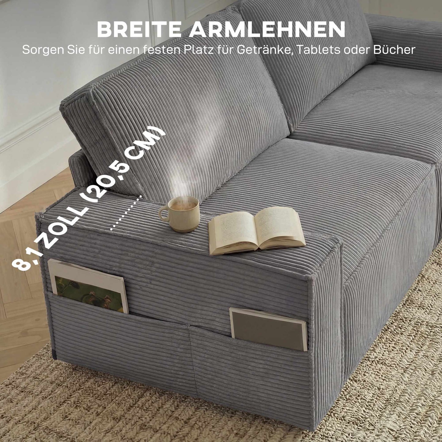 3-Seater Sofa, Light Grey Corduroy, Pocket Spring Cushions