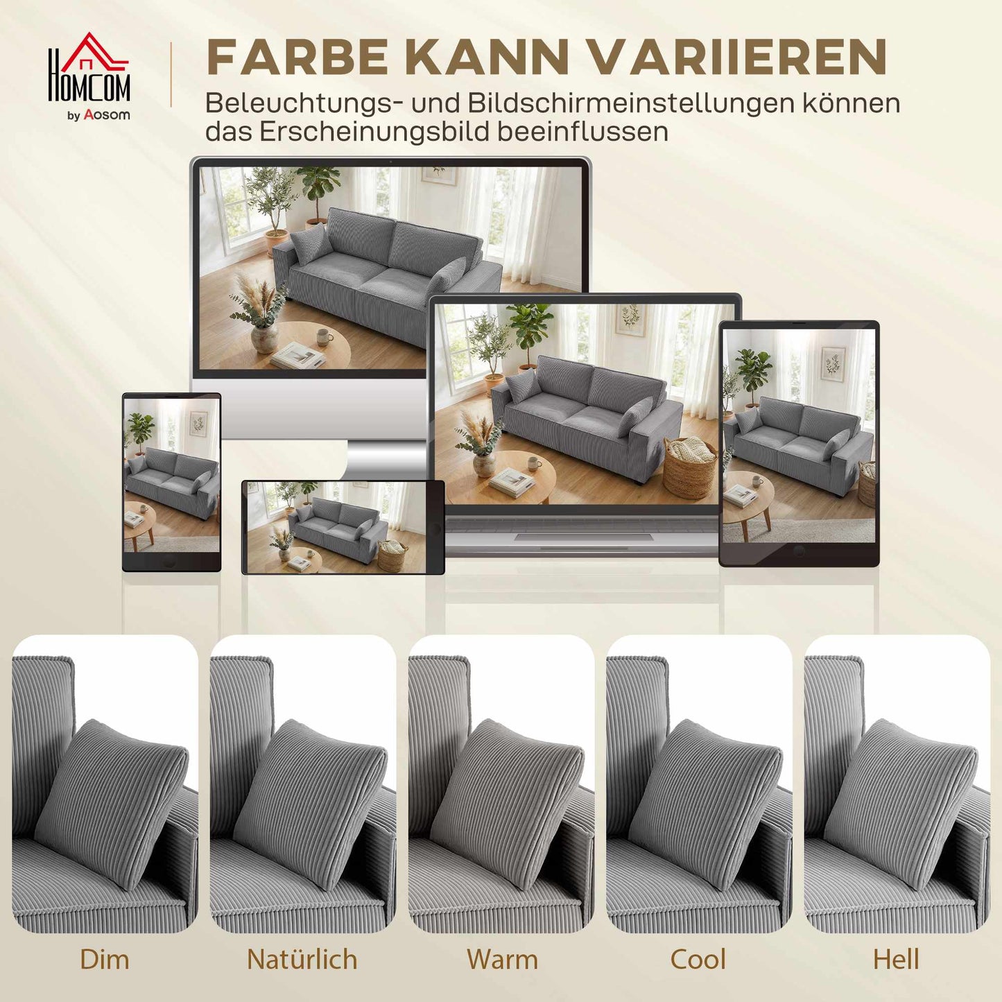 3-Seater Sofa, Light Grey Corduroy, Pocket Spring Cushions
