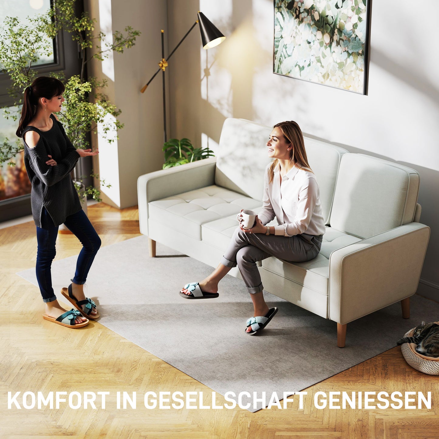 3-Seater Sofa, Thick Cushions, Rubberwood, Cream Fabric