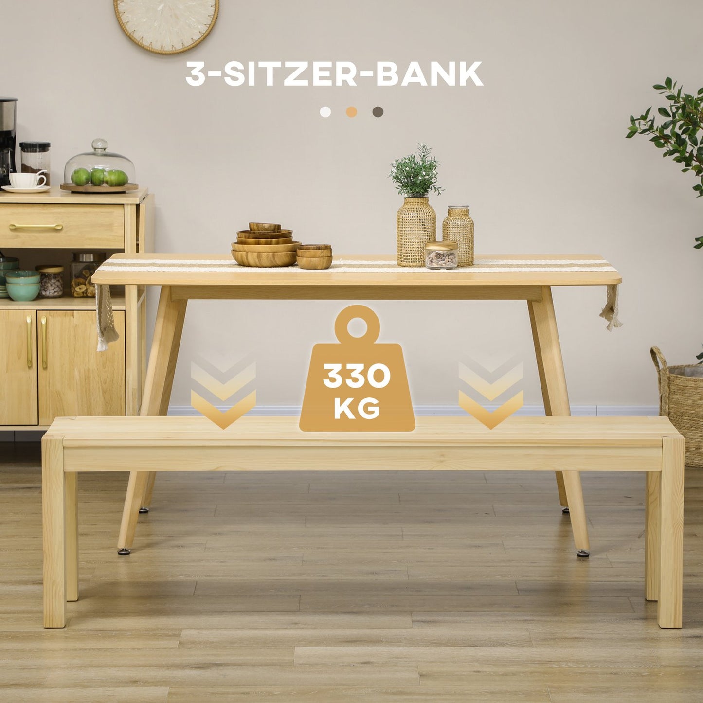 3-seat dining room bench in pine, holds 330 kg, 150 x 33 x 45 cm