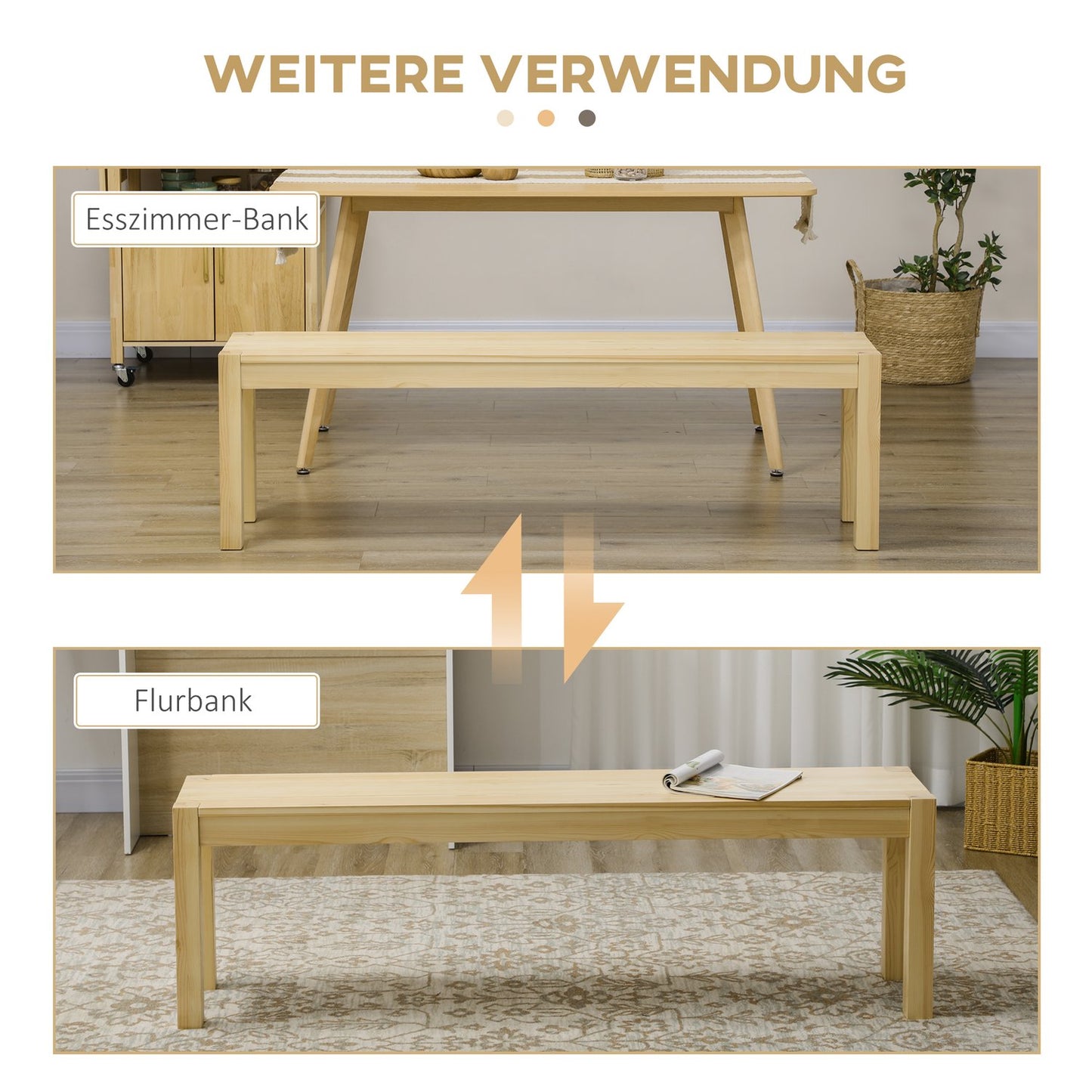 3-seat dining room bench in pine, holds 330 kg, 150 x 33 x 45 cm