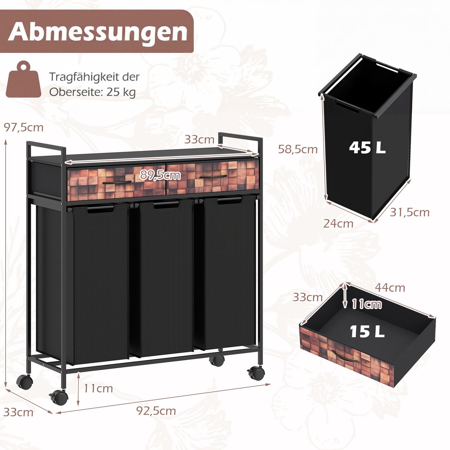 3-Section Laundry Cart with Removable Bags and Drawers