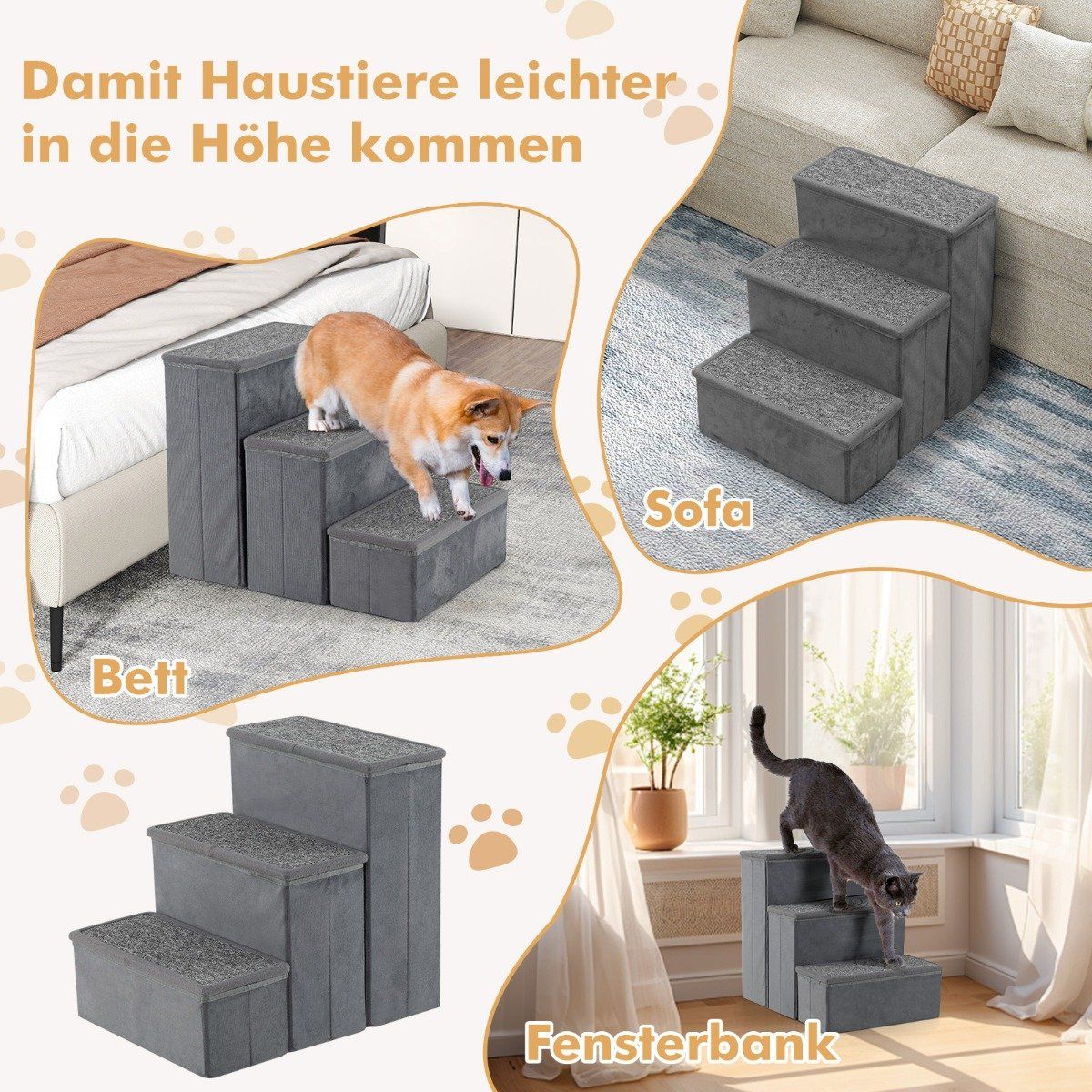 3-Step Dog Stairs Non-Slip Foldable Dog Ramp Portable Pet Climbing Ladder