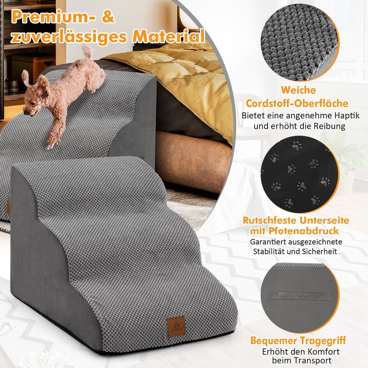 3-Step Foam Dog Stairs, Non-Slip, Supports 30kg, Grey