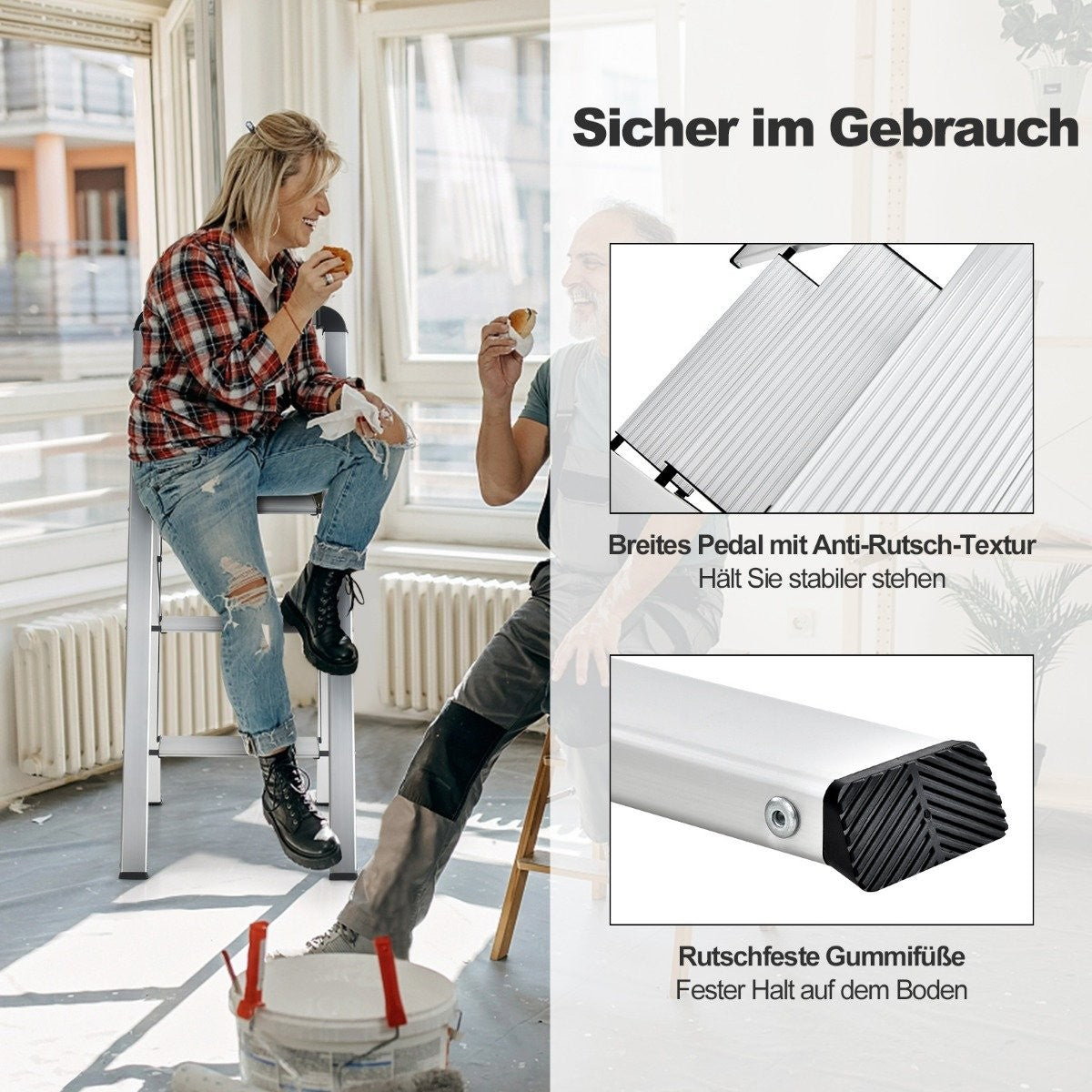 3-Step Folding Aluminum Ladder, Non-Slip, Portable