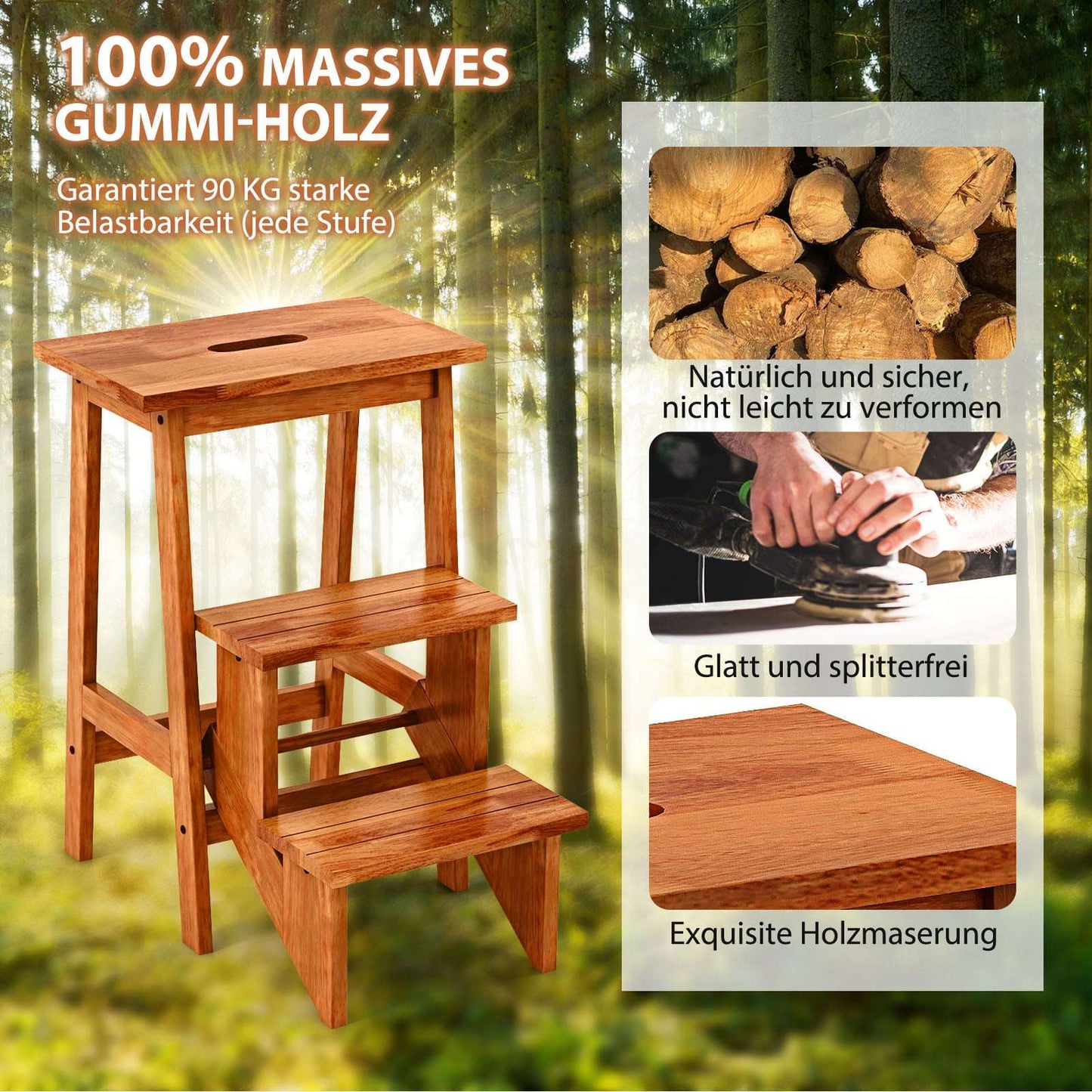 3-Step Rubberwood Ladder Stool, Non-Slip, Brown