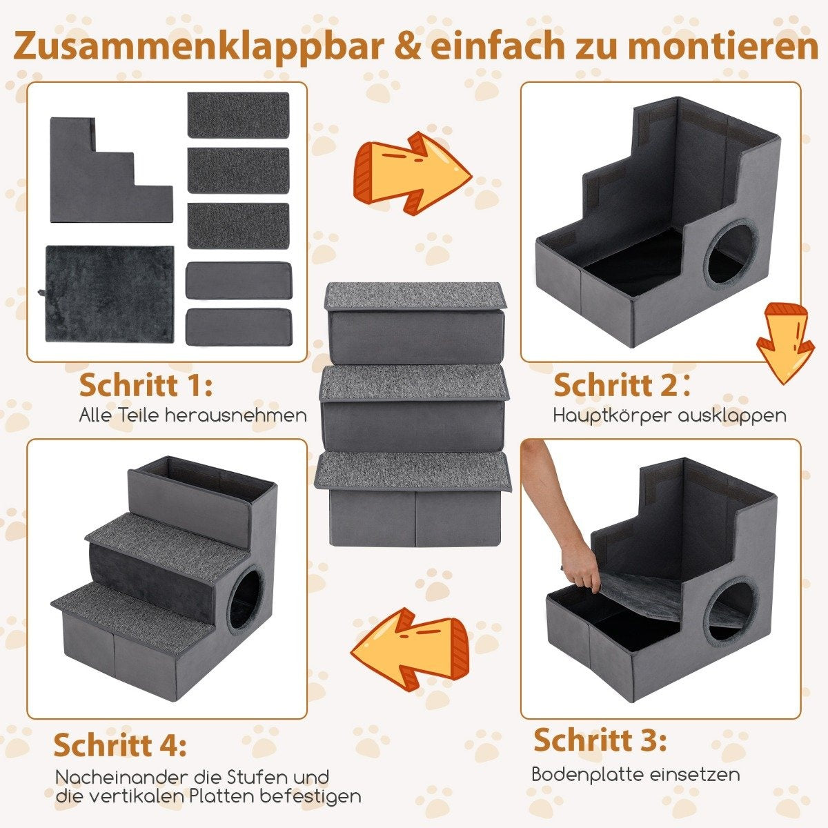 3 Steps Dog Stairs with House & Non-Slip Floor Foldable Pet Stairs Climbing Ladder