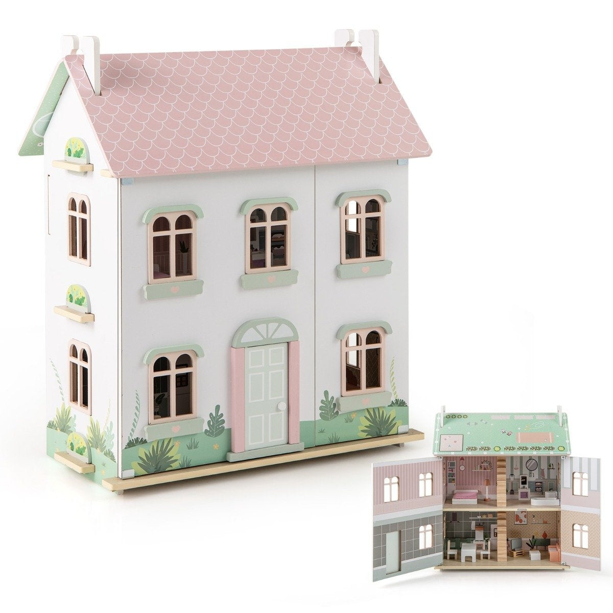3-Story Wooden Dollhouse with Reversible Roofs & Doors