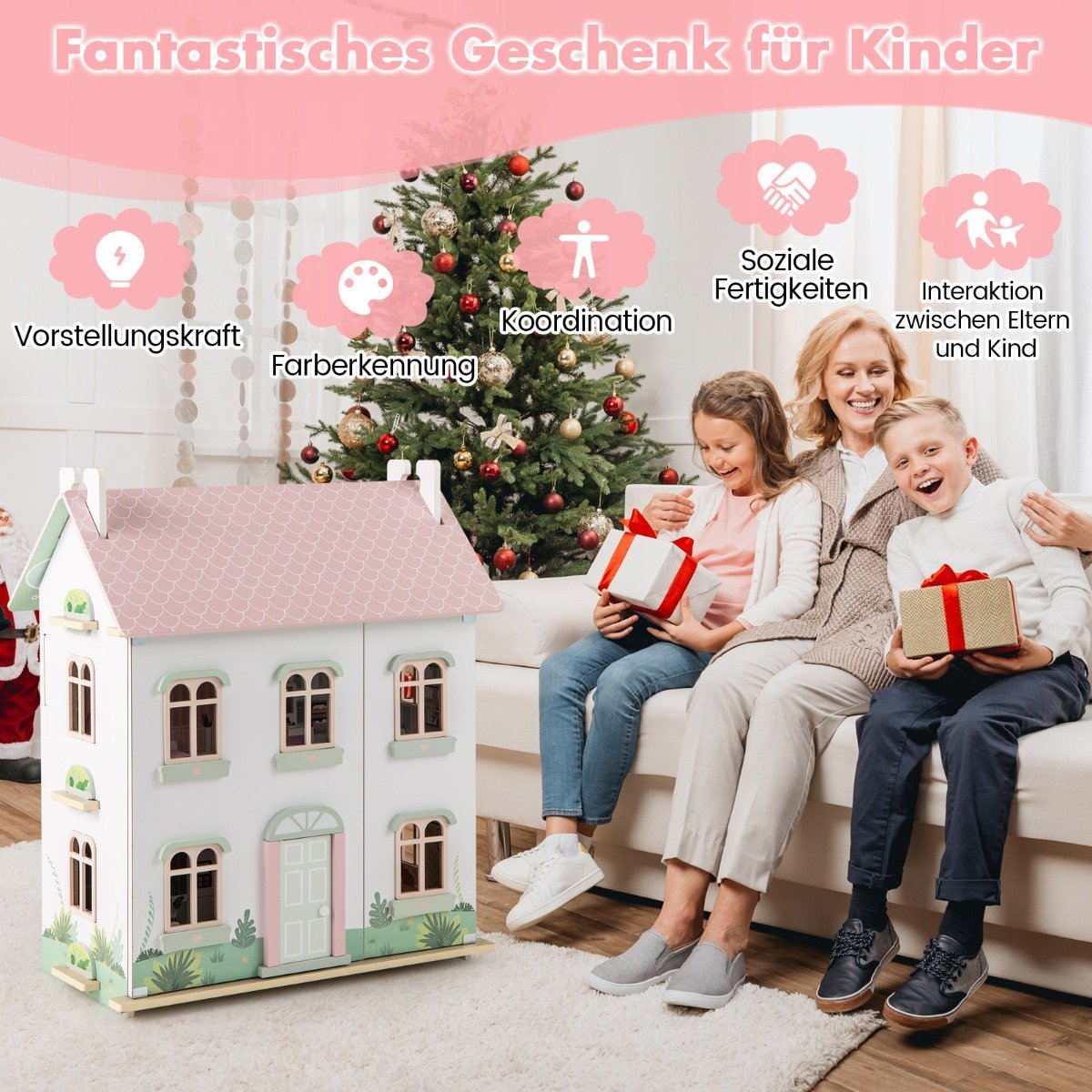 3-Story Wooden Dollhouse with Reversible Roofs & Doors