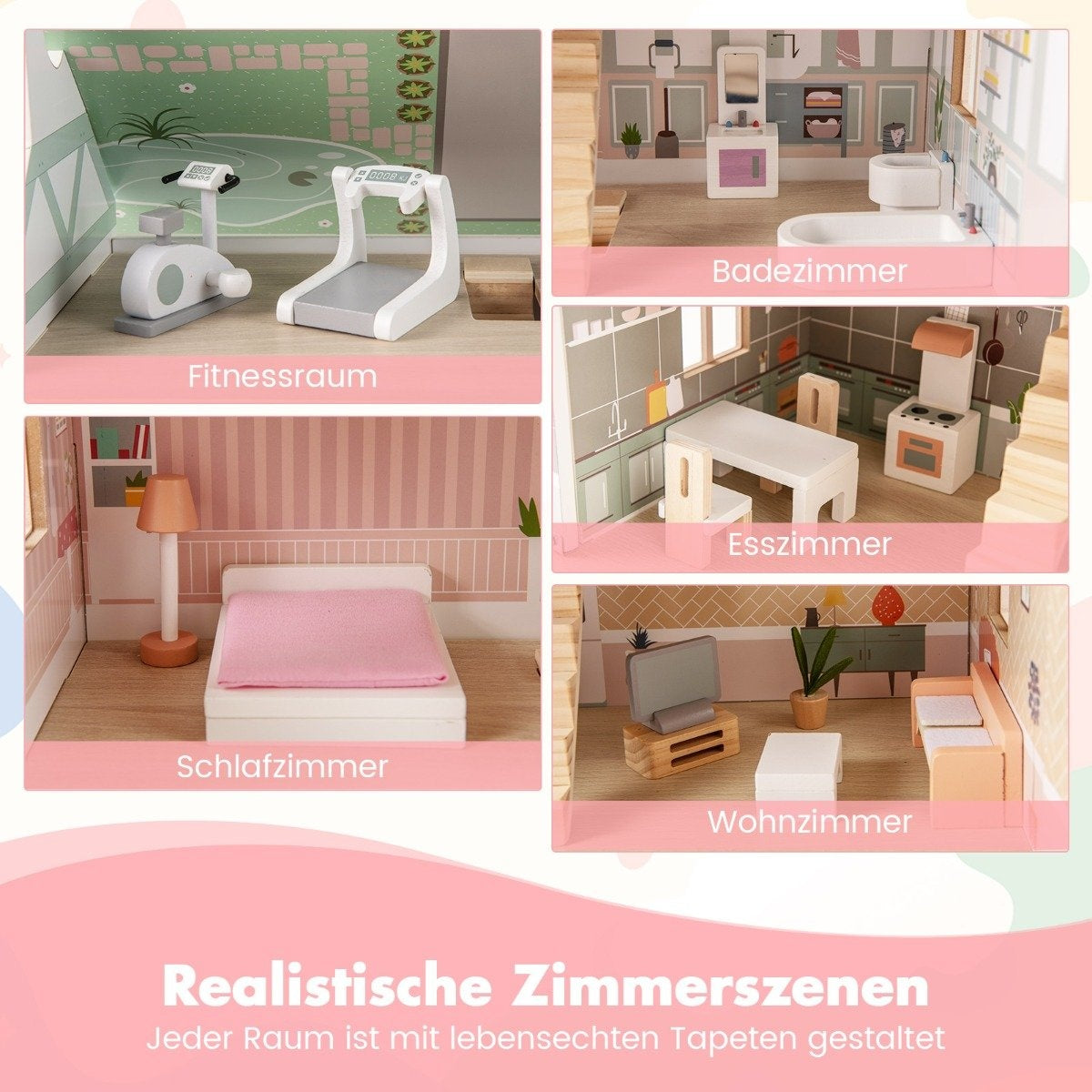 3-Story Wooden Dollhouse with Reversible Roofs & Doors