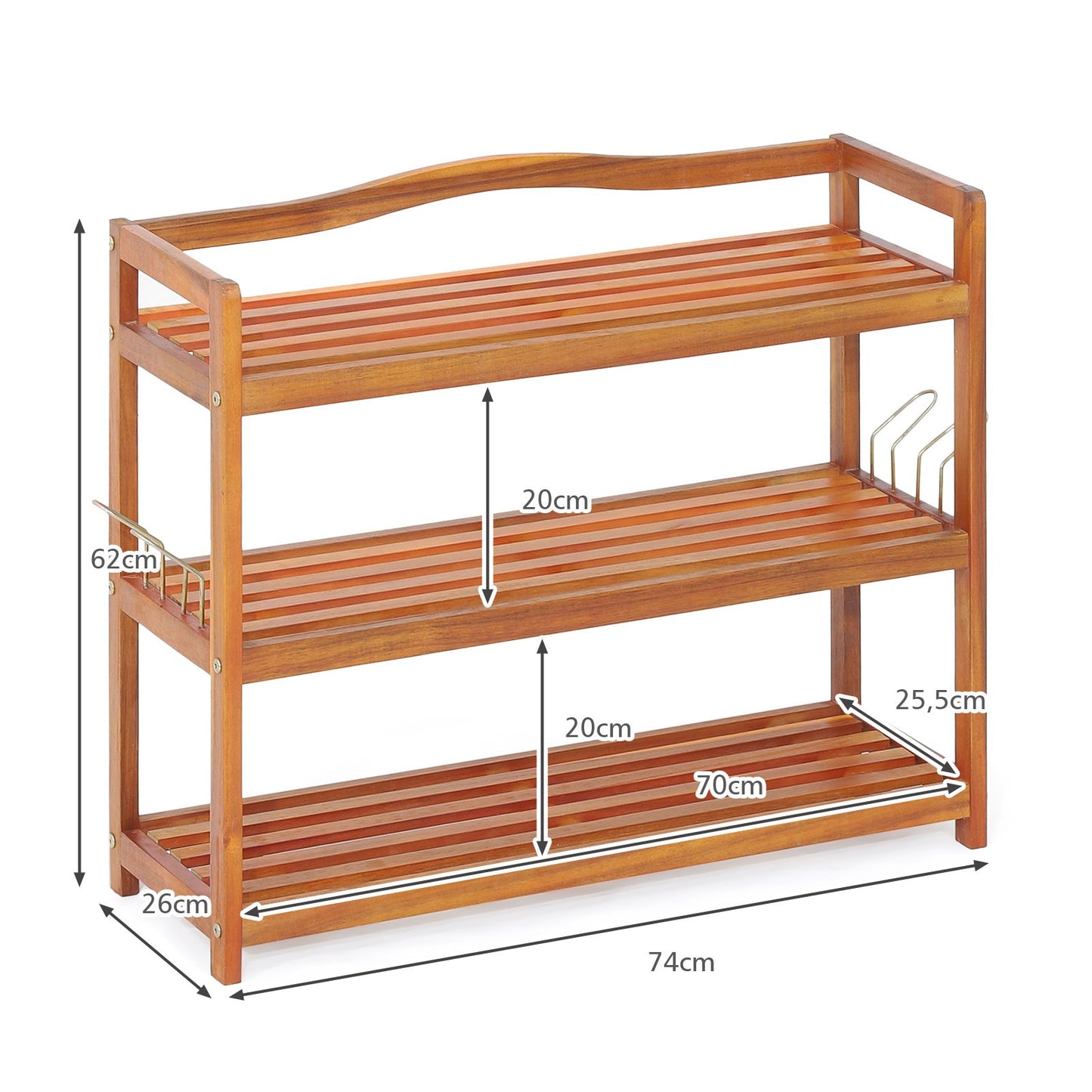 3-Tier Acacia Wood Shoe Rack with Side Hooks