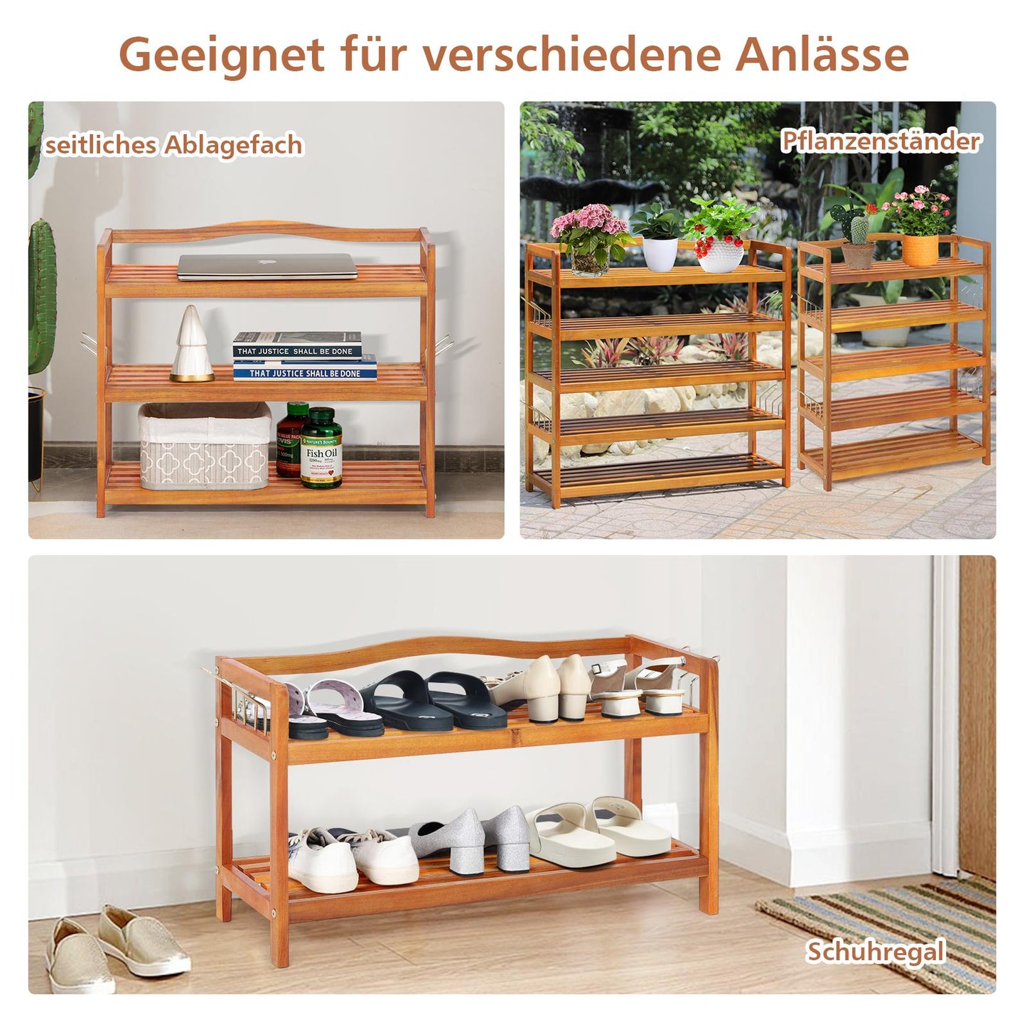 3-Tier Acacia Wood Shoe Rack with Side Hooks