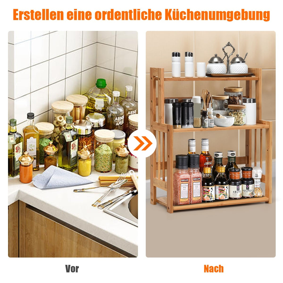 3-Tier Adjustable Bamboo Spice Rack for Kitchen Storage