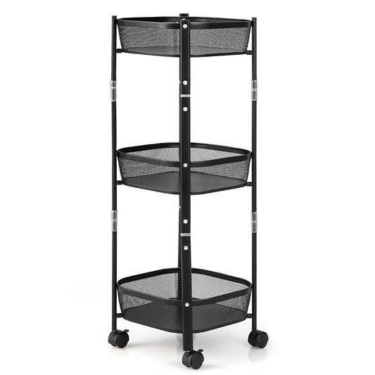 3-Tier All-Purpose Trolley Fruit or Vegetable Basket Stand 37.5 x 37.5 x 87 cm Black