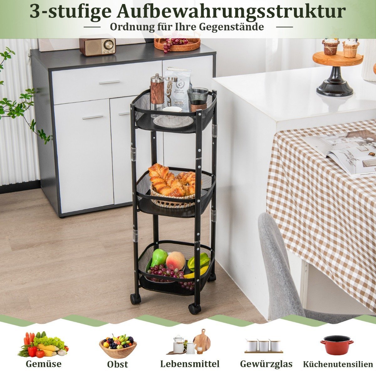 3-Tier All-Purpose Trolley Fruit or Vegetable Basket Stand 37.5 x 37.5 x 87 cm Black
