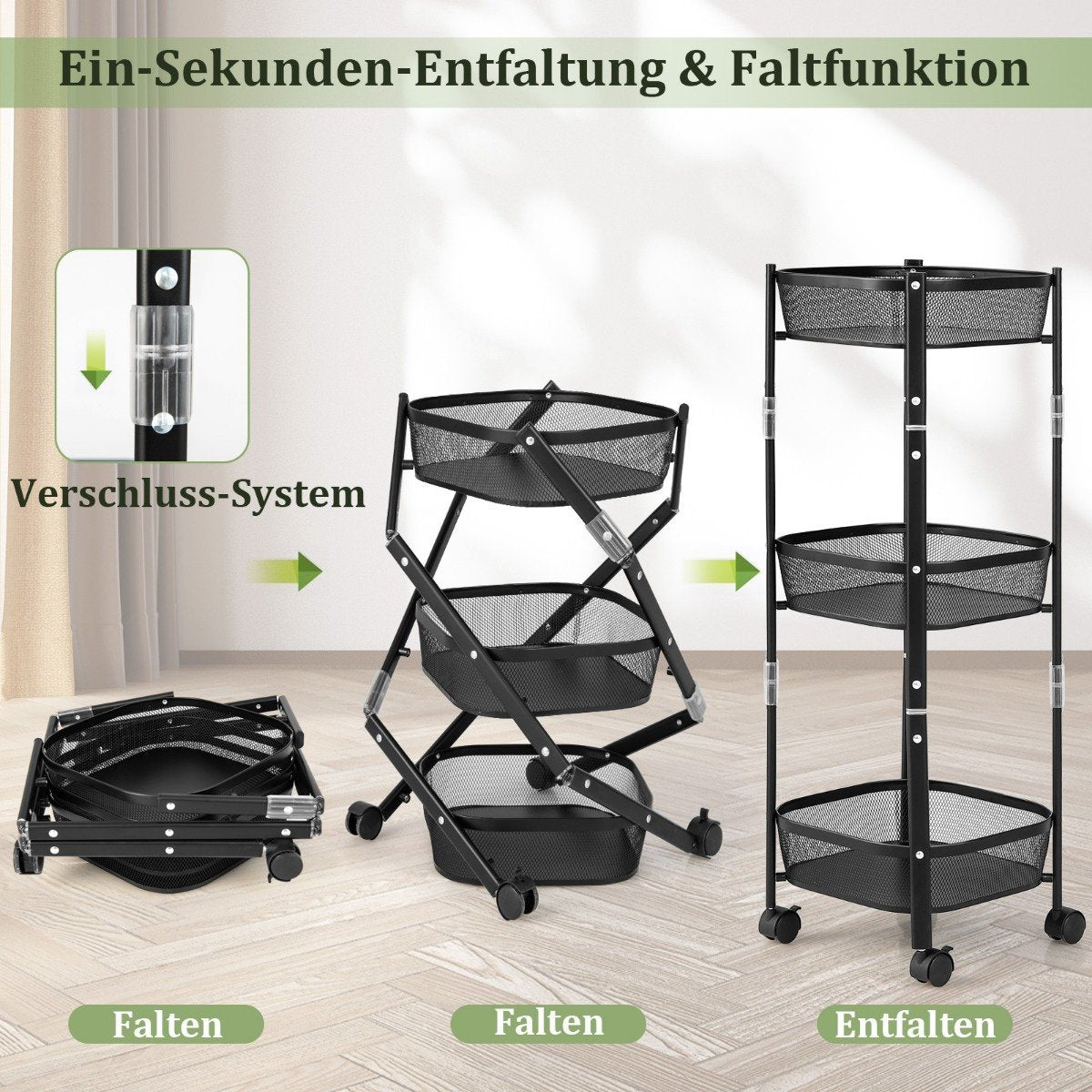 3-Tier All-Purpose Trolley Fruit or Vegetable Basket Stand 37.5 x 37.5 x 87 cm Black