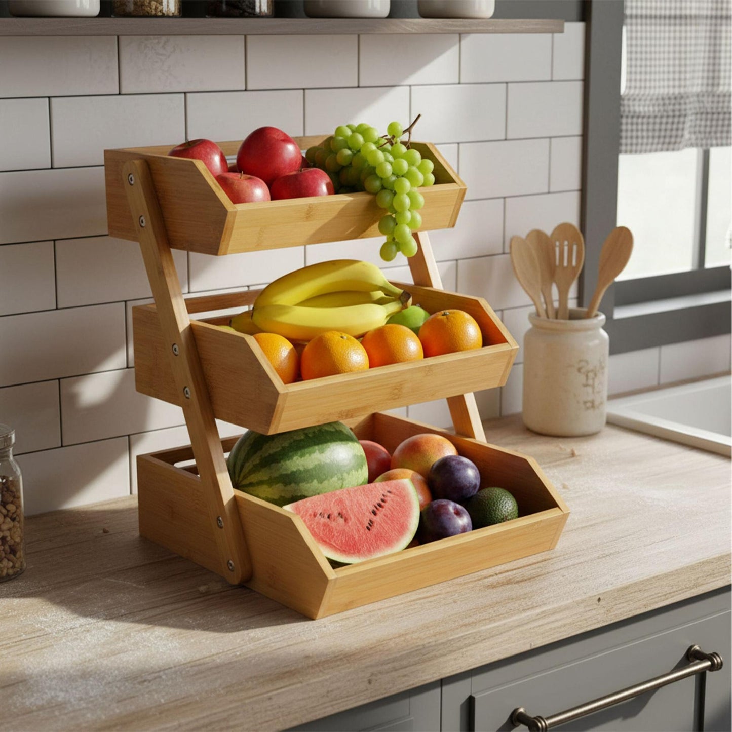 3-Tier Bamboo Fruit Stand for Kitchen Storage