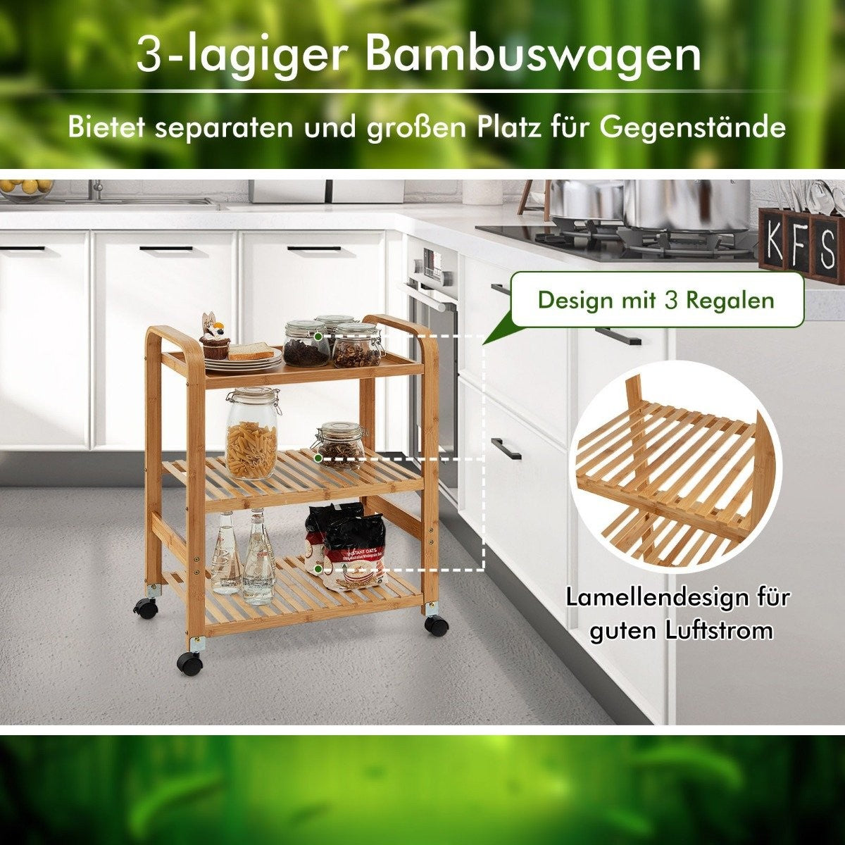 3-Tier Bamboo Rolling Cart with Wheels, 58x33x76 cm