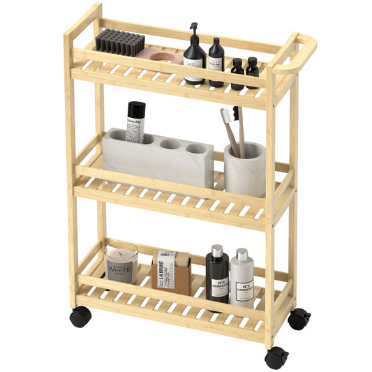 3-story bamboo kitchen trolley with wheels and handle