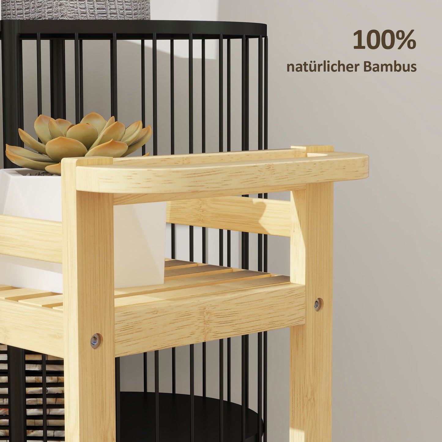 3-story bamboo kitchen trolley with wheels and handle