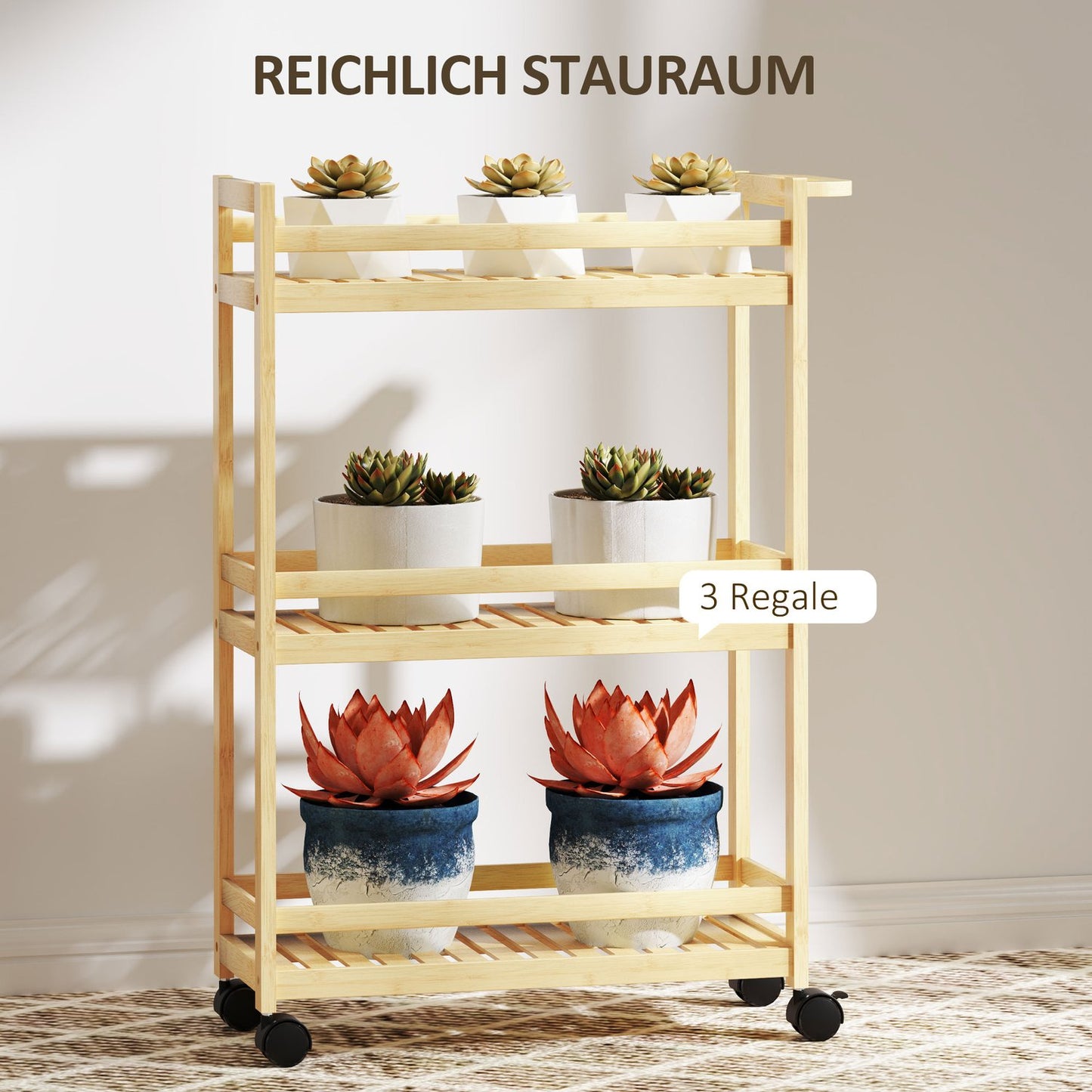 3-story bamboo kitchen trolley with wheels and handle