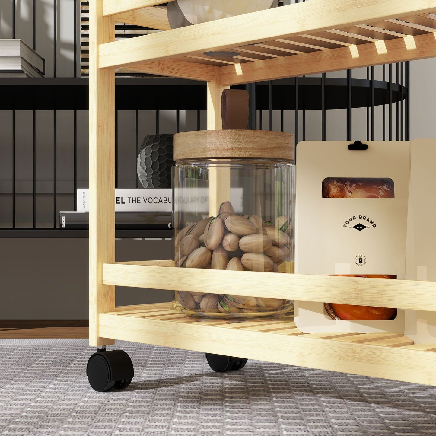 3-story bamboo kitchen trolley with wheels and handle