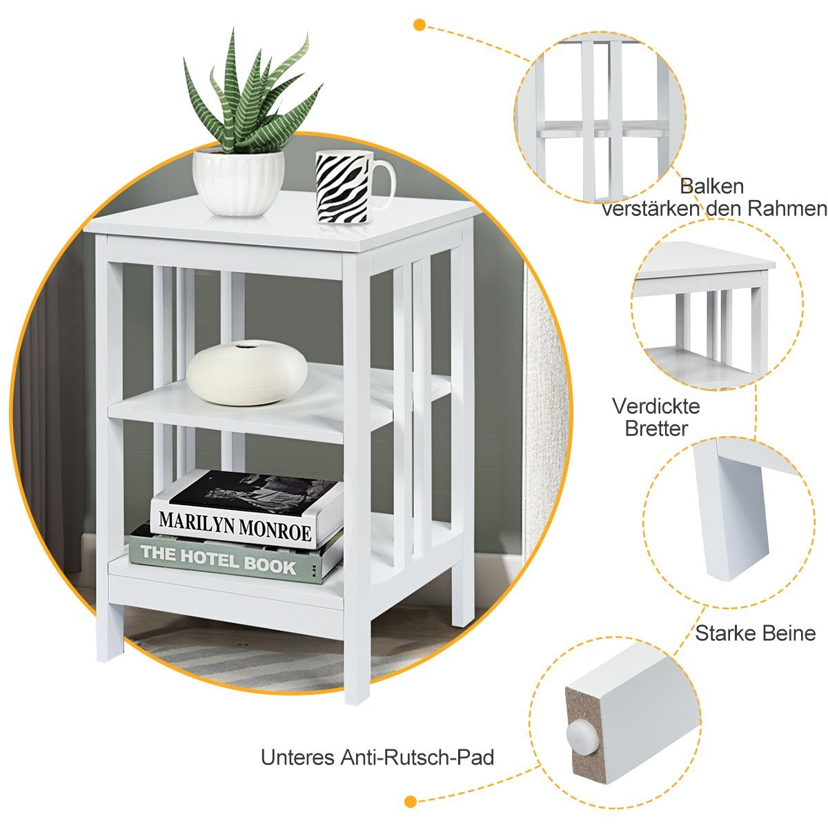 3-Tier Bedside Table Sofa Table Coffee Table for Bedroom 40 x 40 x 61 cm White