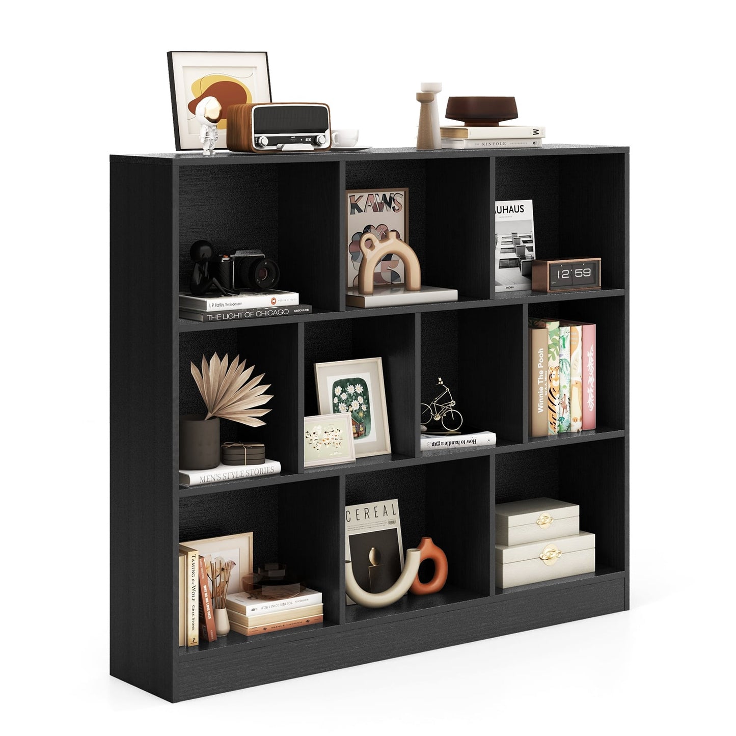3-Tier Black Bookshelf with 10 Open Compartments