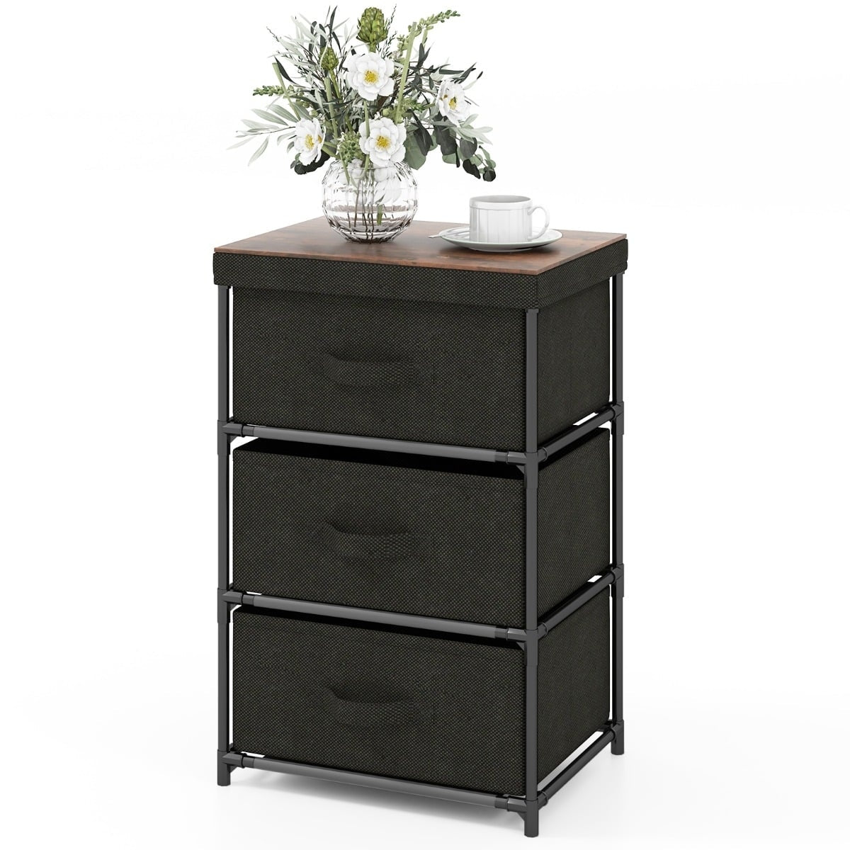 3-Tier Black Fabric Drawer Nightstand with Metal Frame