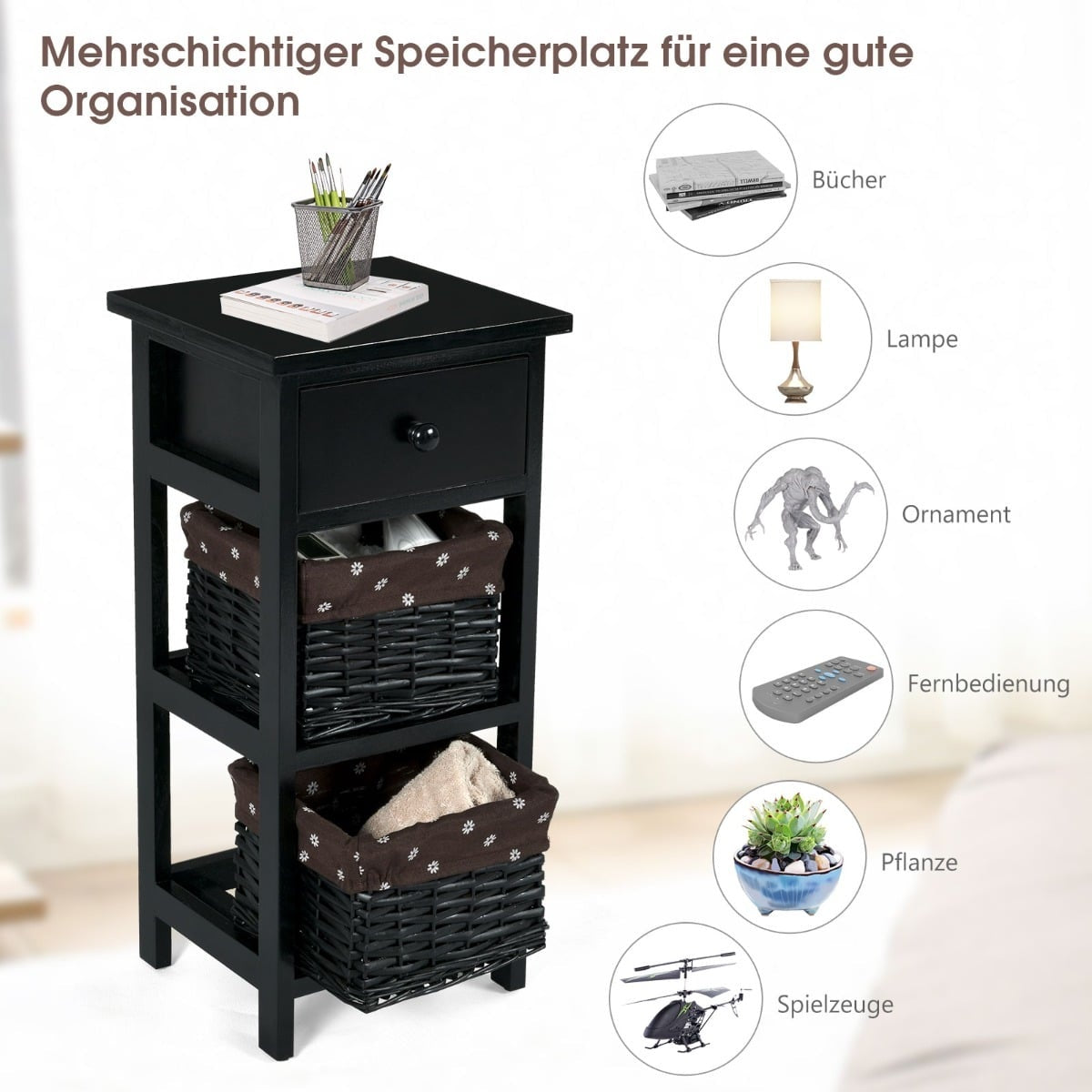 3-Tier Black Nightstand with Drawer and 2 Baskets
